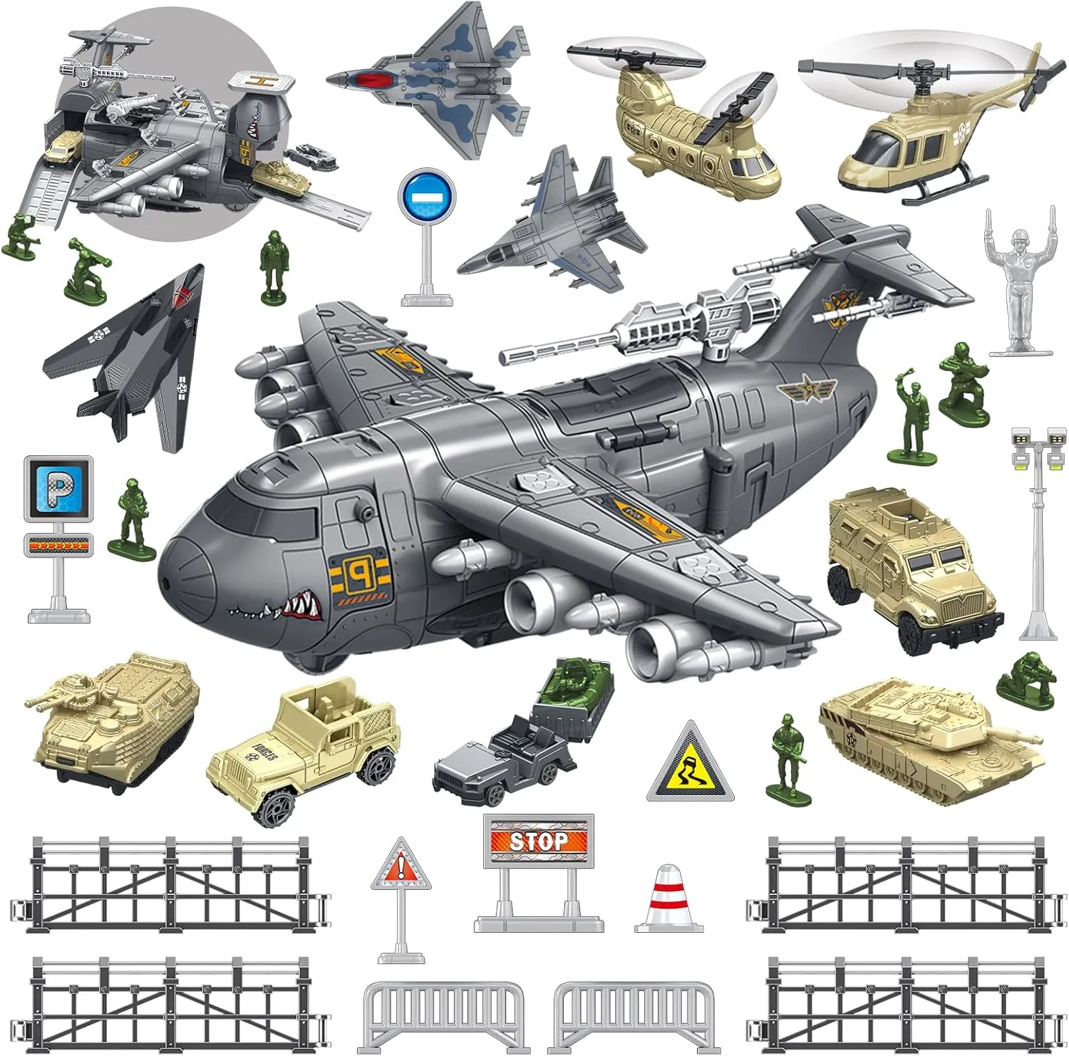 Military Airplane Toy for Kid - 2-in-1 Airplane Playset for Ages 5-7 3-6 Boy, Fighter Jet with 6 Truck Vehicle, 5 Helicopter, Army Men, Car Kit for 4 5 6 7 8 Years Old Child Birthday