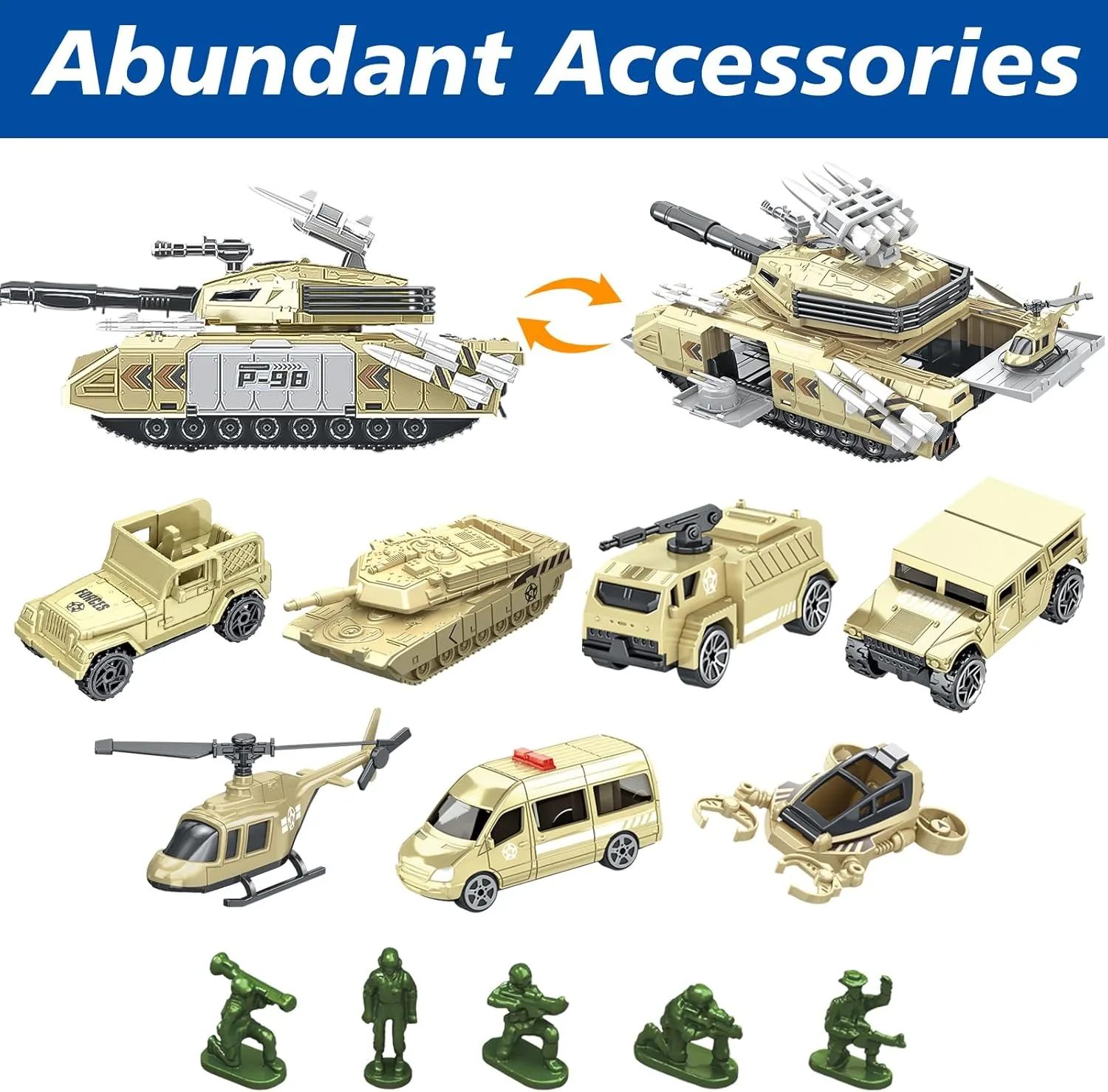 Military Tank Army Toy Sets - Army Toys with 7 Vehicles Helicopter Army Men, Storable Truck for Boys Age 3-5 4-7, Birthday Present, Easy to Store