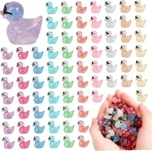Mini Ducks 100 Pack Mini Resin Ducks, Glow in The Dark Glitter with Sunglasses, Resin Animals for Dollhouse Landscape Aquarium Micro Fairy Garden DIY Craft Decor