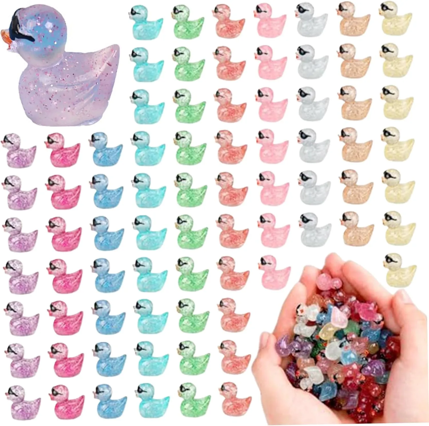 Mini Ducks 100 Pack Mini Resin Ducks, Glow in The Dark Glitter with Sunglasses, Resin Animals for Dollhouse Landscape Aquarium Micro Fairy Garden DIY Craft Decor