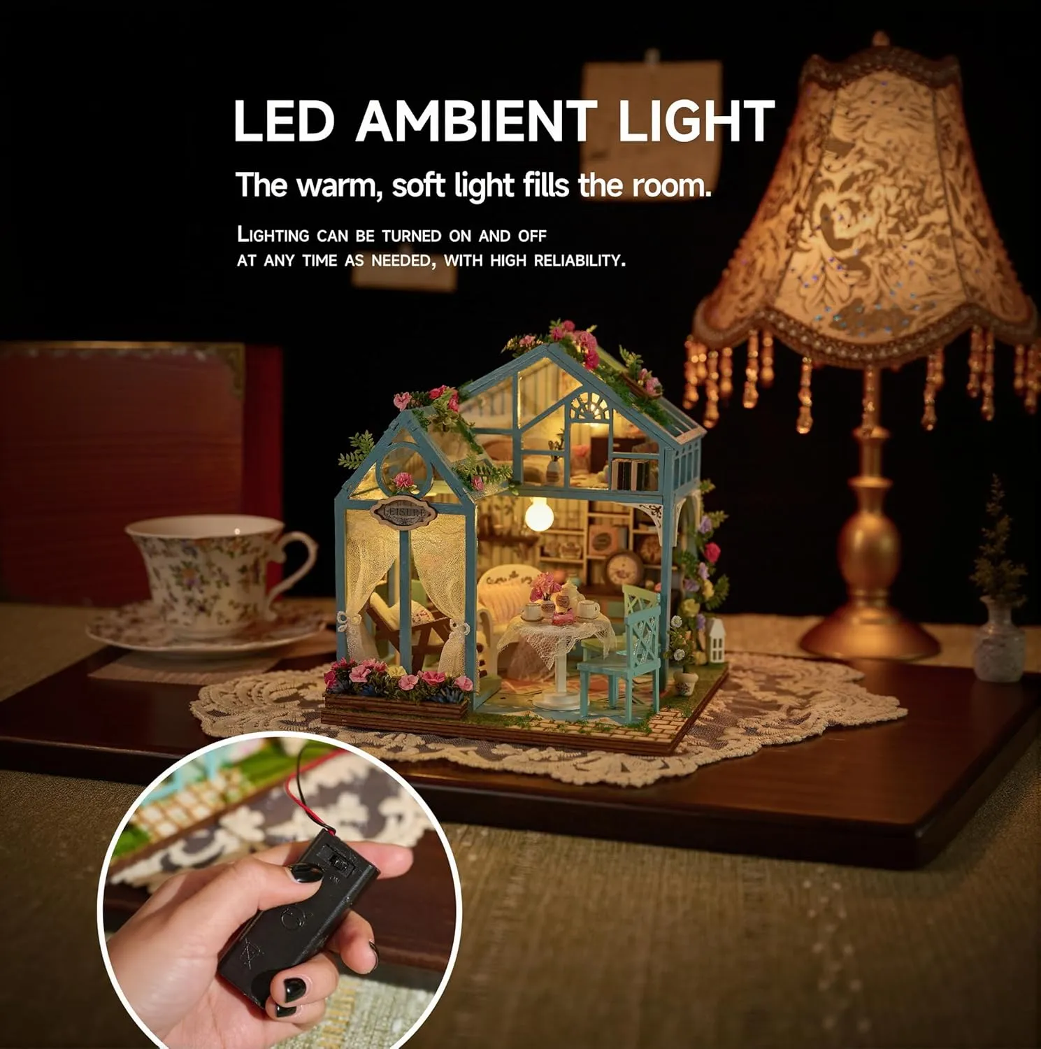 Miniature House Kit with LED Light, Book Nook Kit with Cover for Birthday, 3D Wooden Bookends Puzzle, Bookshelf Decor for Adults, Teens, Beginners - Floral Reverie