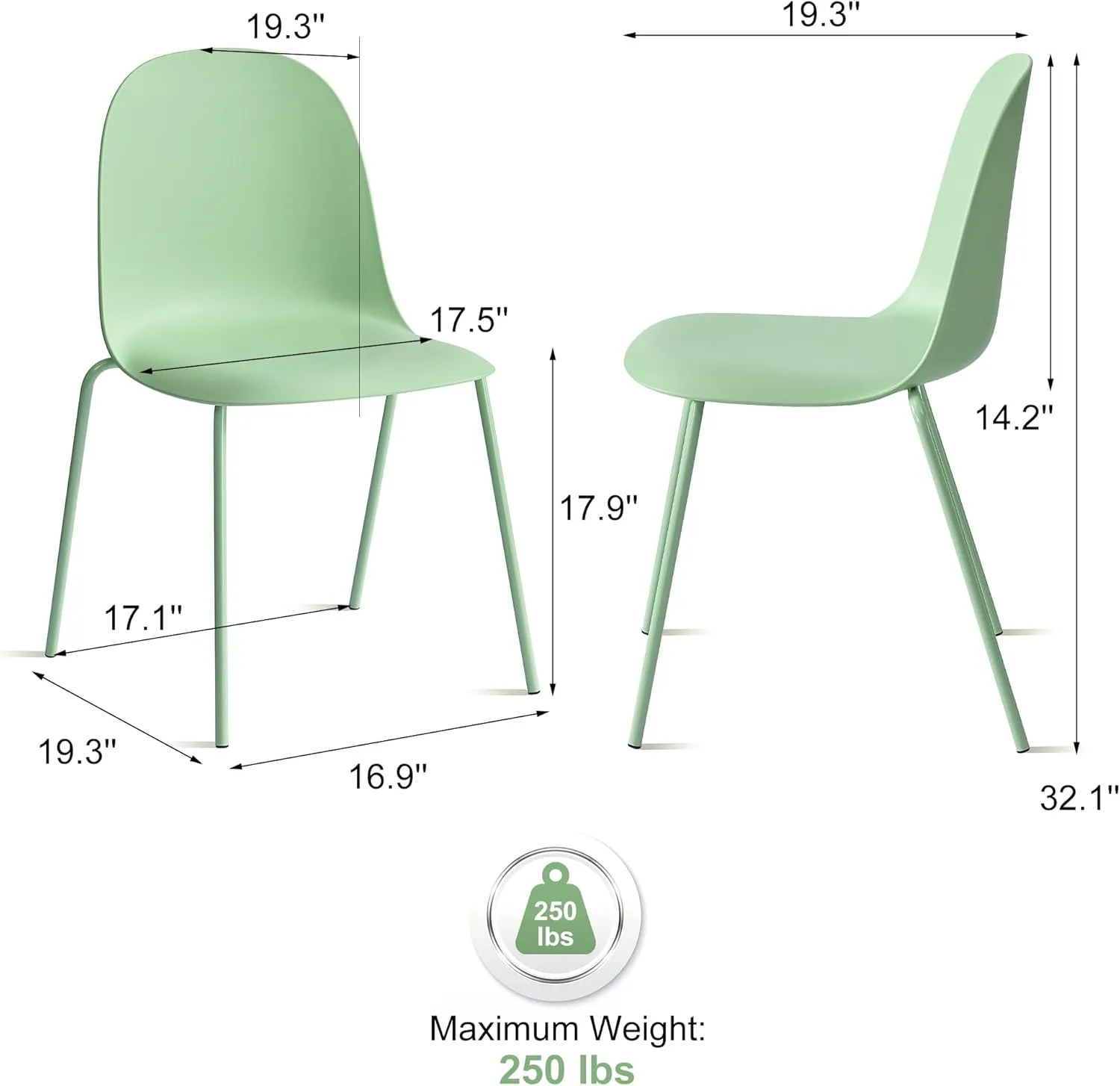 Minimalist Industrial Stackable Plastic Dining Chair with Metal Leg, Quick Assembly, Suitable for Indoor and Outdoor cafes and Restaurants, Set of 4 (Green)