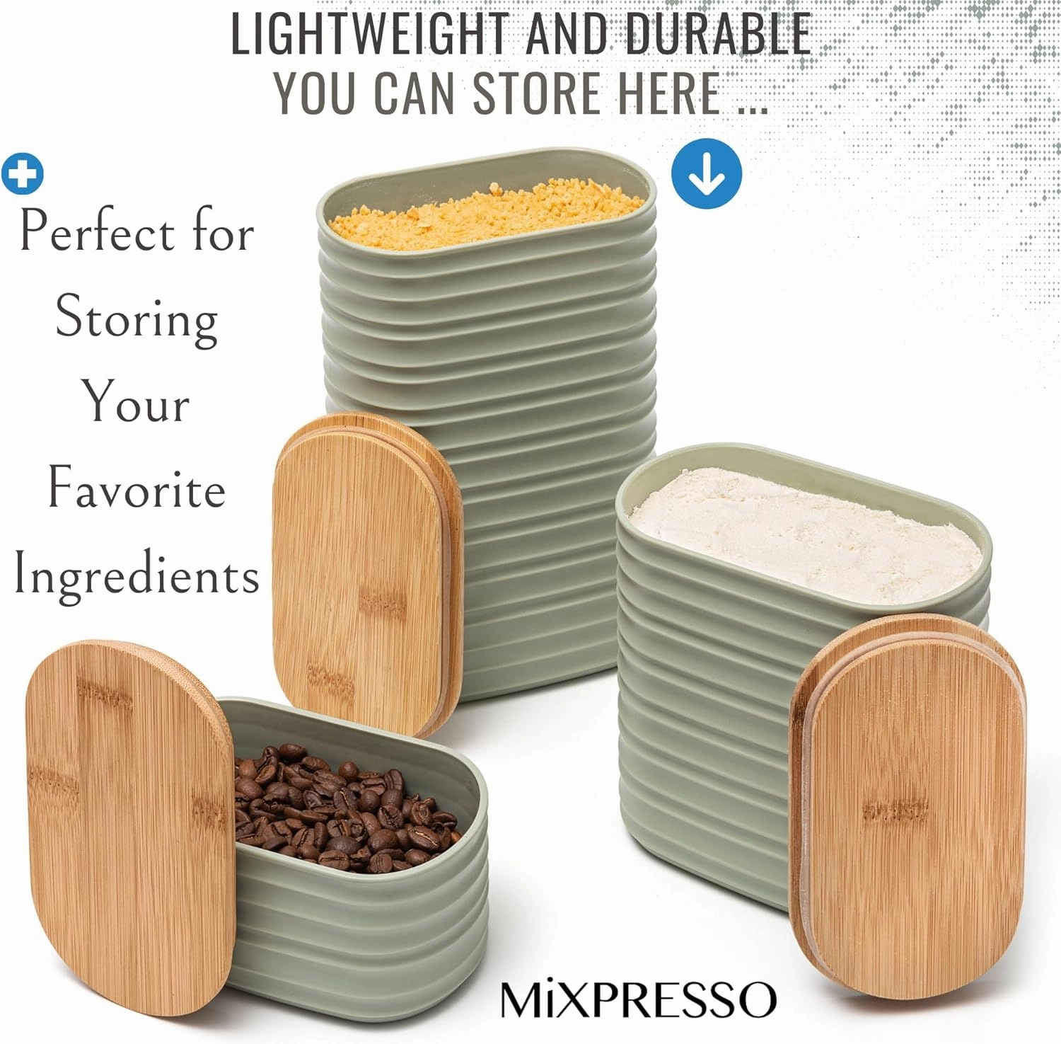 Mixpresso 3 Pcs Olive Green Canisters Sets For The Kitchen, Airtight Plastic Canister With Bamboo Lid, Coffee And Sugar Canister Set, Decorative Sugar Container, Kitchen Decor For Counter