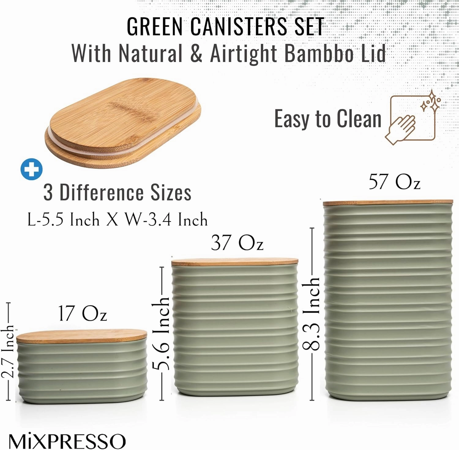 Mixpresso 3 Pcs Olive Green Canisters Sets For The Kitchen, Airtight Plastic Canister With Bamboo Lid, Coffee And Sugar Canister Set, Decorative Sugar Container, Kitchen Decor For Counter