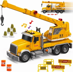 MOBIUS Toys Crane Truck Toy Set – Kids Construction Crane w/Extending Arm, Rotation, Props & Buttons   Sounds & Lights – Toy for Boys Age 4-7, Girls 3 Years Old 
