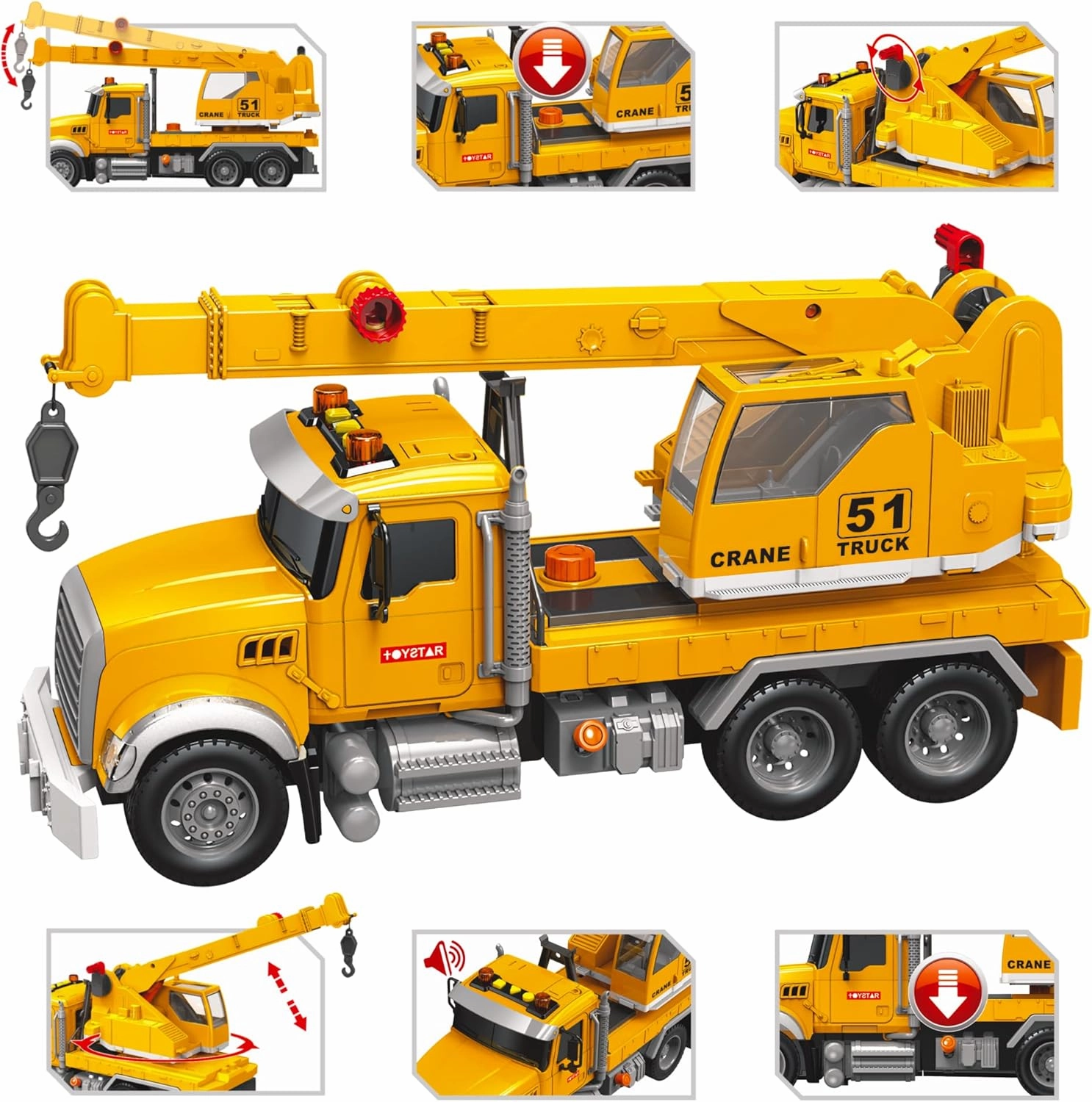 MOBIUS Toys Crane Truck Toy Set – Kids Construction Crane w/Extending Arm, Rotation, Props & Buttons   Sounds & Lights – Toy for Boys Age 4-7, Girls 3 Years Old 