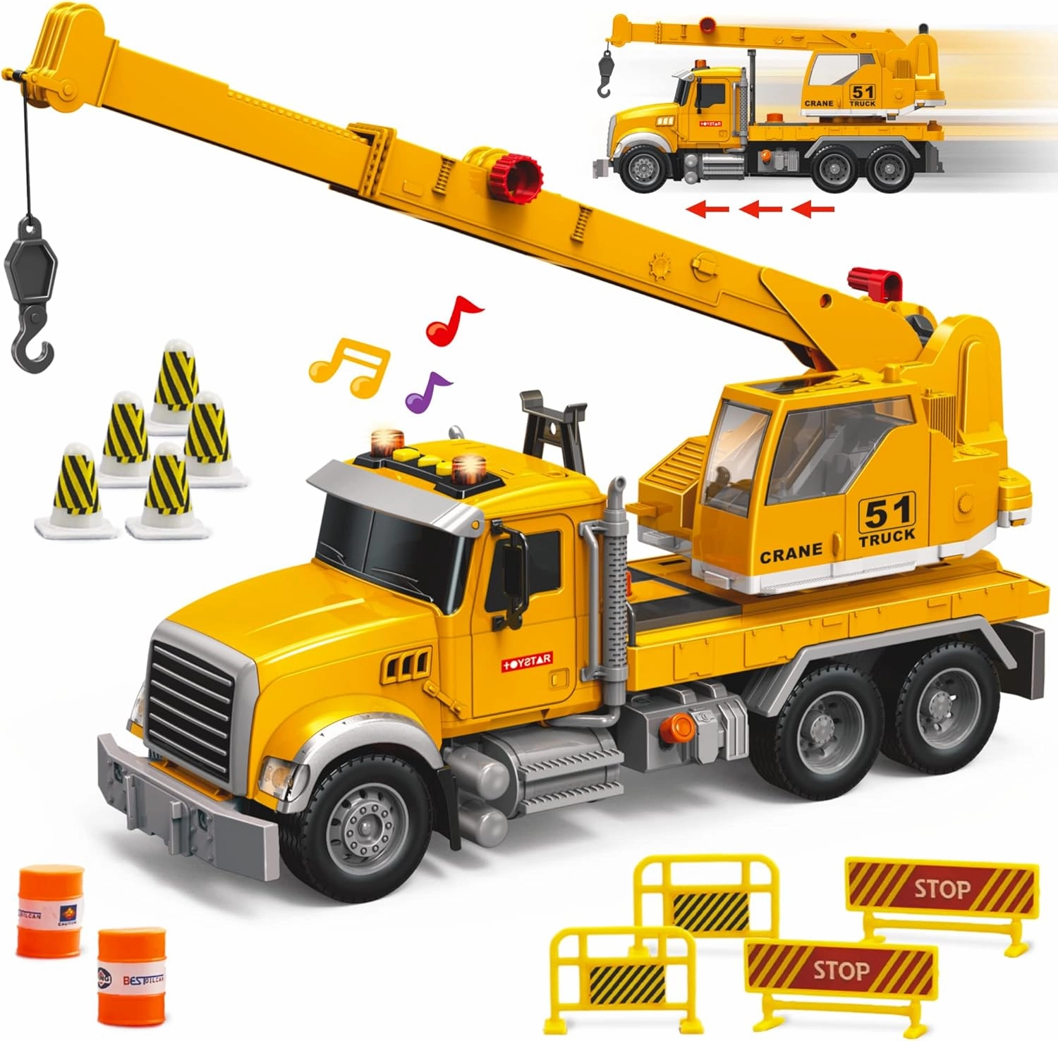 MOBIUS Toys Crane Truck Toy Set – Kids Construction Crane w/Extending Arm, Rotation, Props & Buttons   Sounds & Lights – Toy for Boys Age 4-7, Girls 3 Years Old 