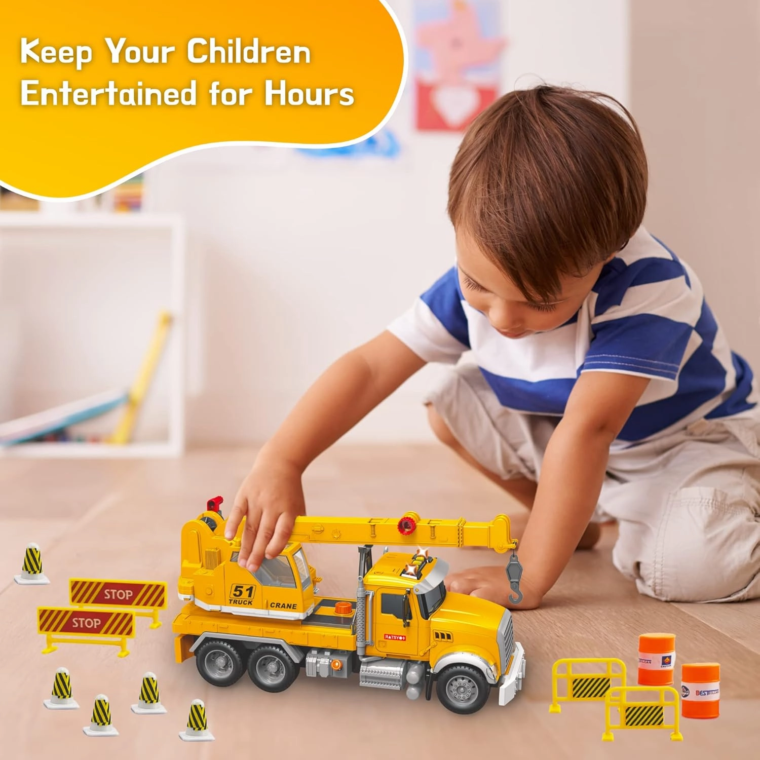 MOBIUS Toys Crane Truck Toy Set – Kids Construction Crane w/Extending Arm, Rotation, Props & Buttons   Sounds & Lights – Toy for Boys Age 4-7, Girls 3 Years Old 