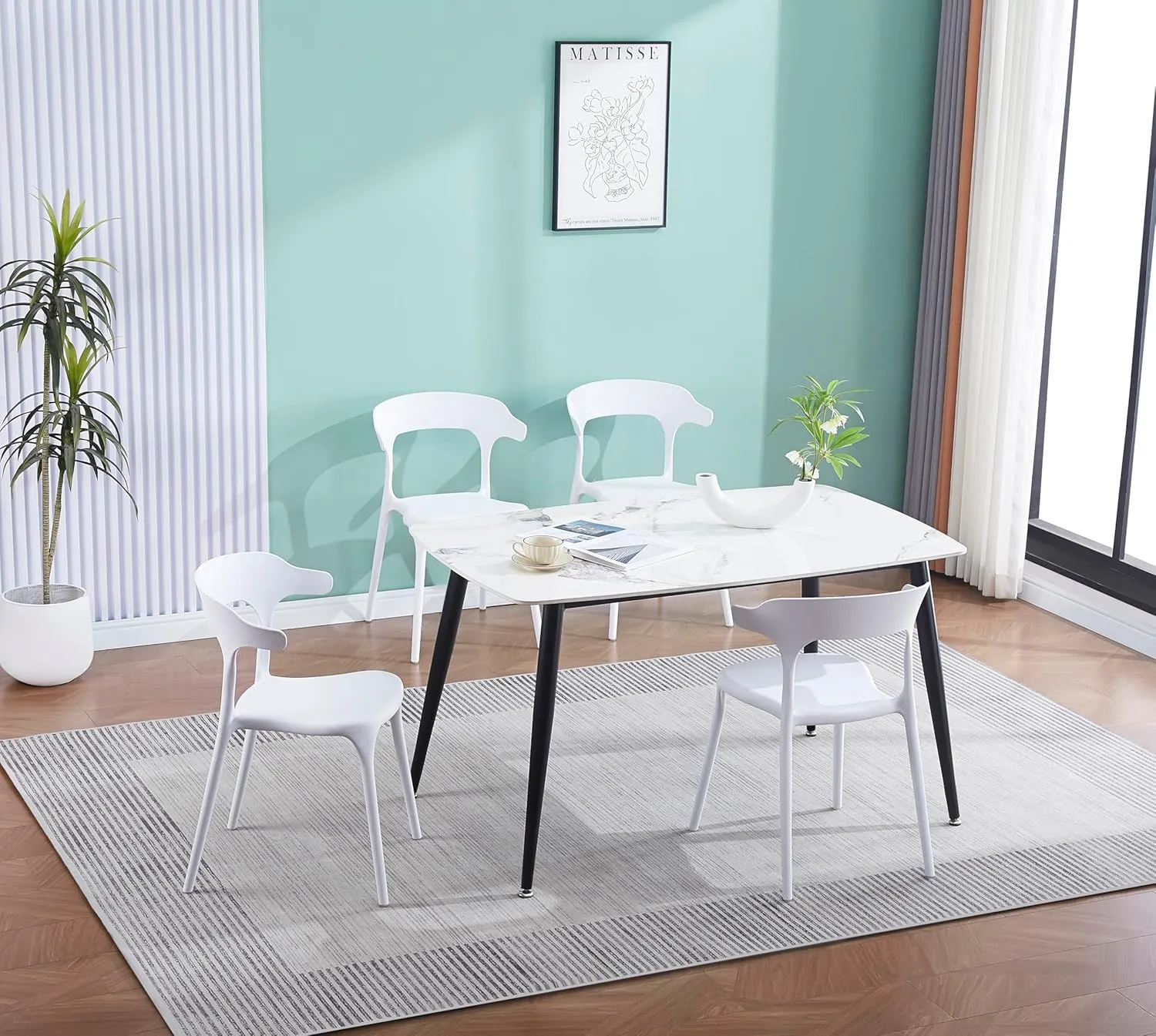 Modern Stackable Dining Chair Set, No Assembly, Plastic Chair, Patio Chair, Suitable for Indoor and Outdoor Cafes and Restaurants, Set of 4 (Crisp White)