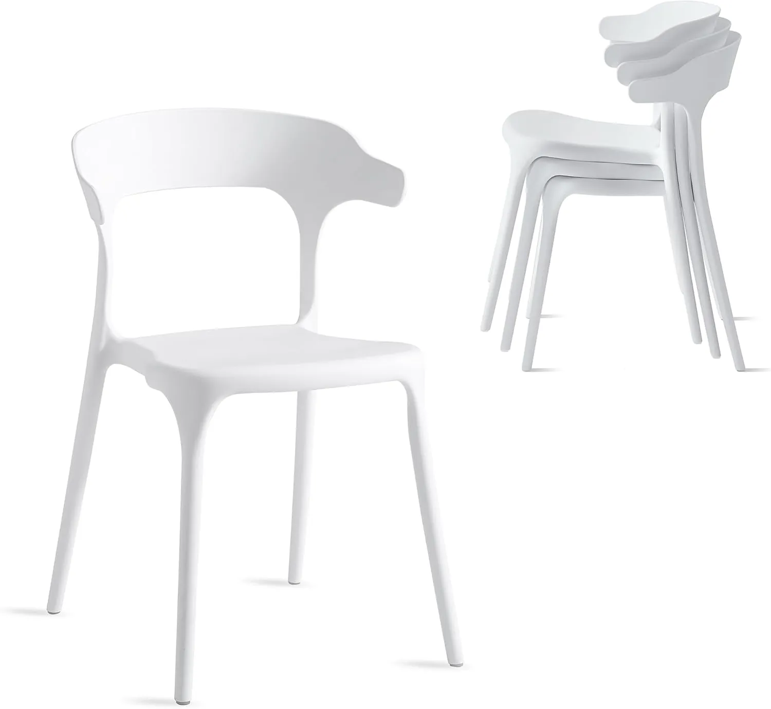 Modern Stackable Dining Chair Set, No Assembly, Plastic Chair, Patio Chair, Suitable for Indoor and Outdoor Cafes and Restaurants, Set of 4 (Crisp White)