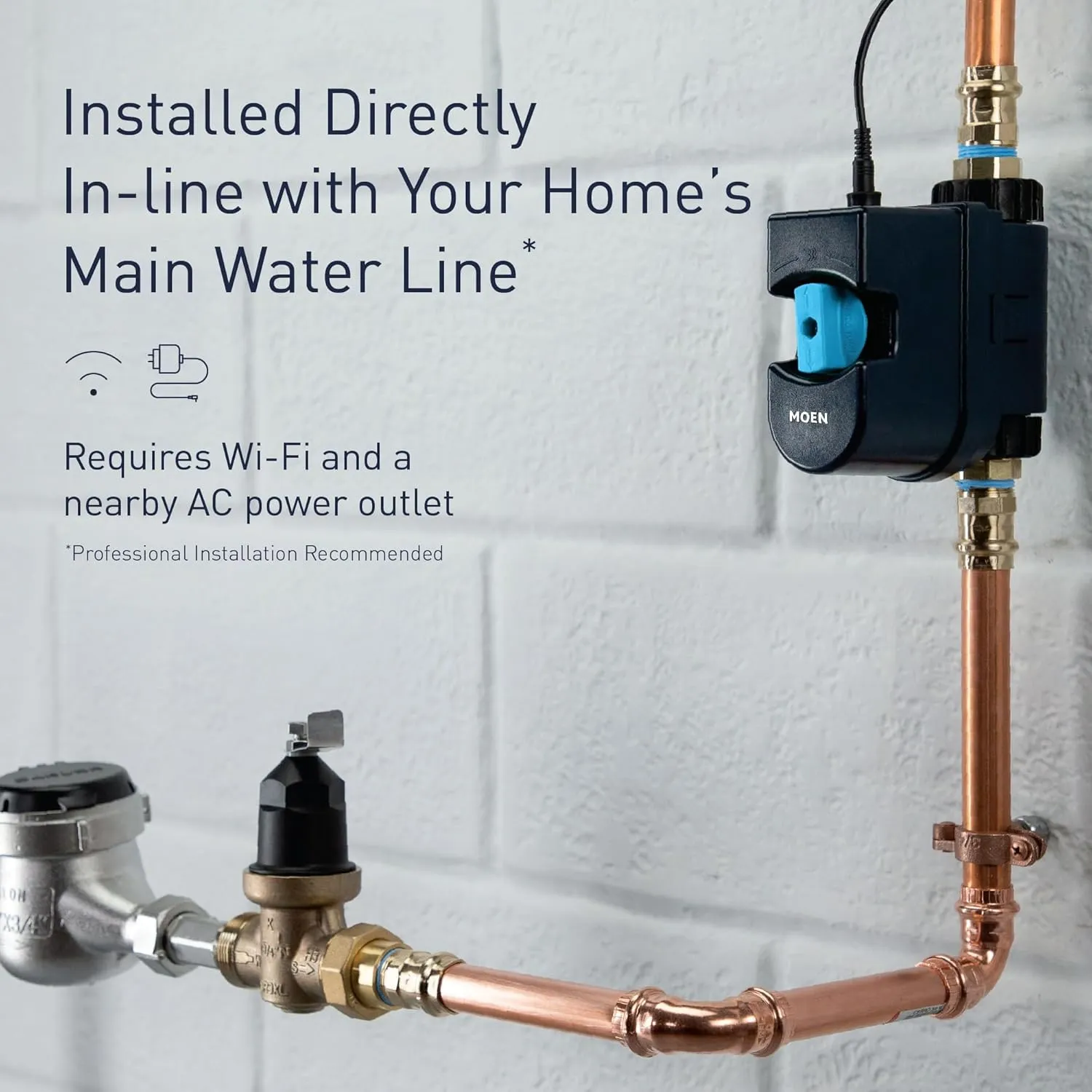 Moen Flo Smart Water Monitor and Automatic Shutoff Sensor, Wi-Fi Connected Water Leak Detector for 1-1/4-Inch Diameter Pipe, 900-002
