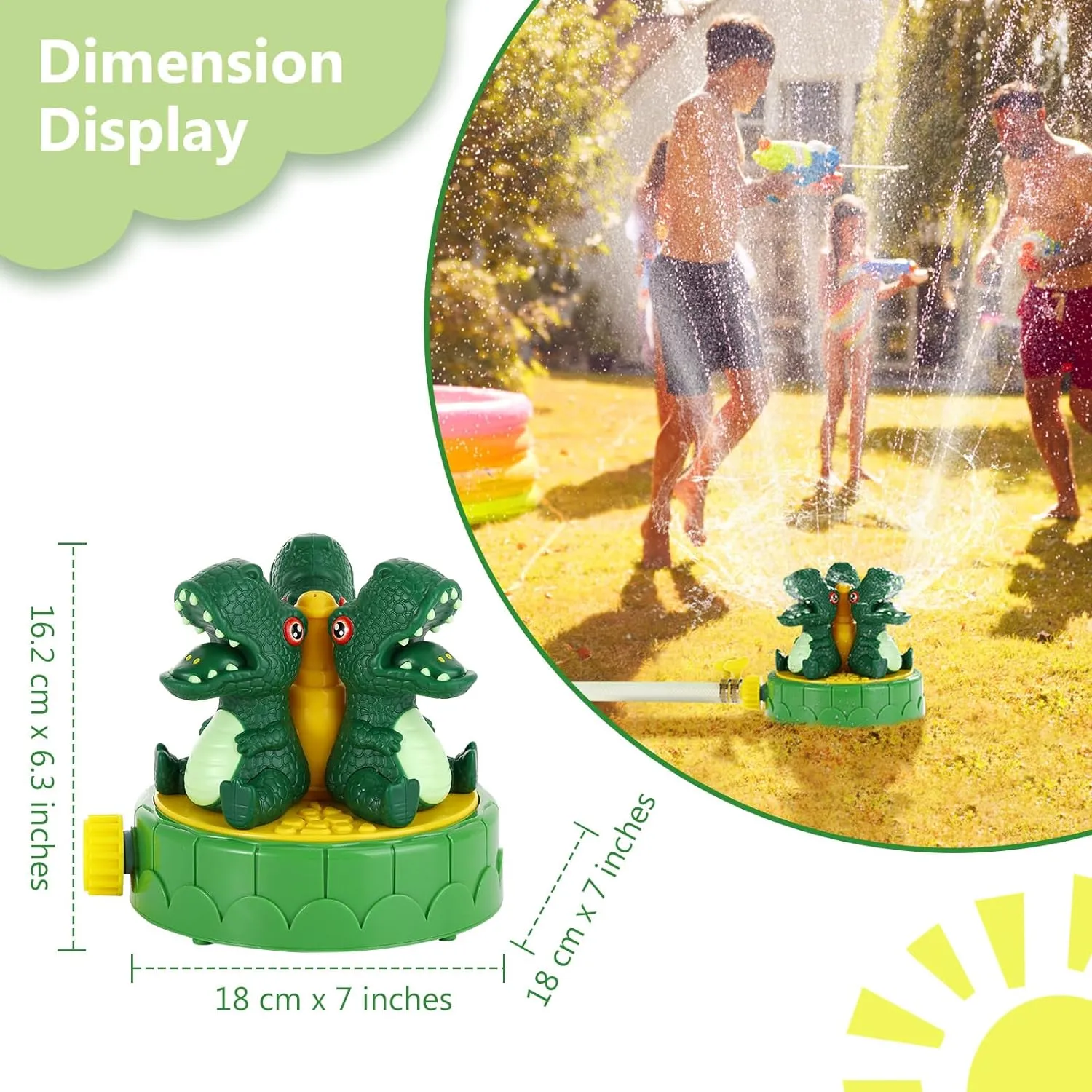 MoKo Dinosaur Sprinkler for Kids-Cute Outdoor Water Toy Spray Swimming Pool Toy with 2 Hose Clamps 3 Nozzles Fun Summer Play Water Toys for Backyard Lawn Garden Game Activities Pet Boys Girls, Green