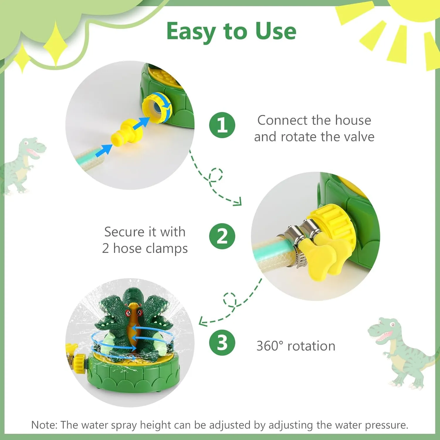 MoKo Dinosaur Sprinkler for Kids-Cute Outdoor Water Toy Spray Swimming Pool Toy with 2 Hose Clamps 3 Nozzles Fun Summer Play Water Toys for Backyard Lawn Garden Game Activities Pet Boys Girls, Green