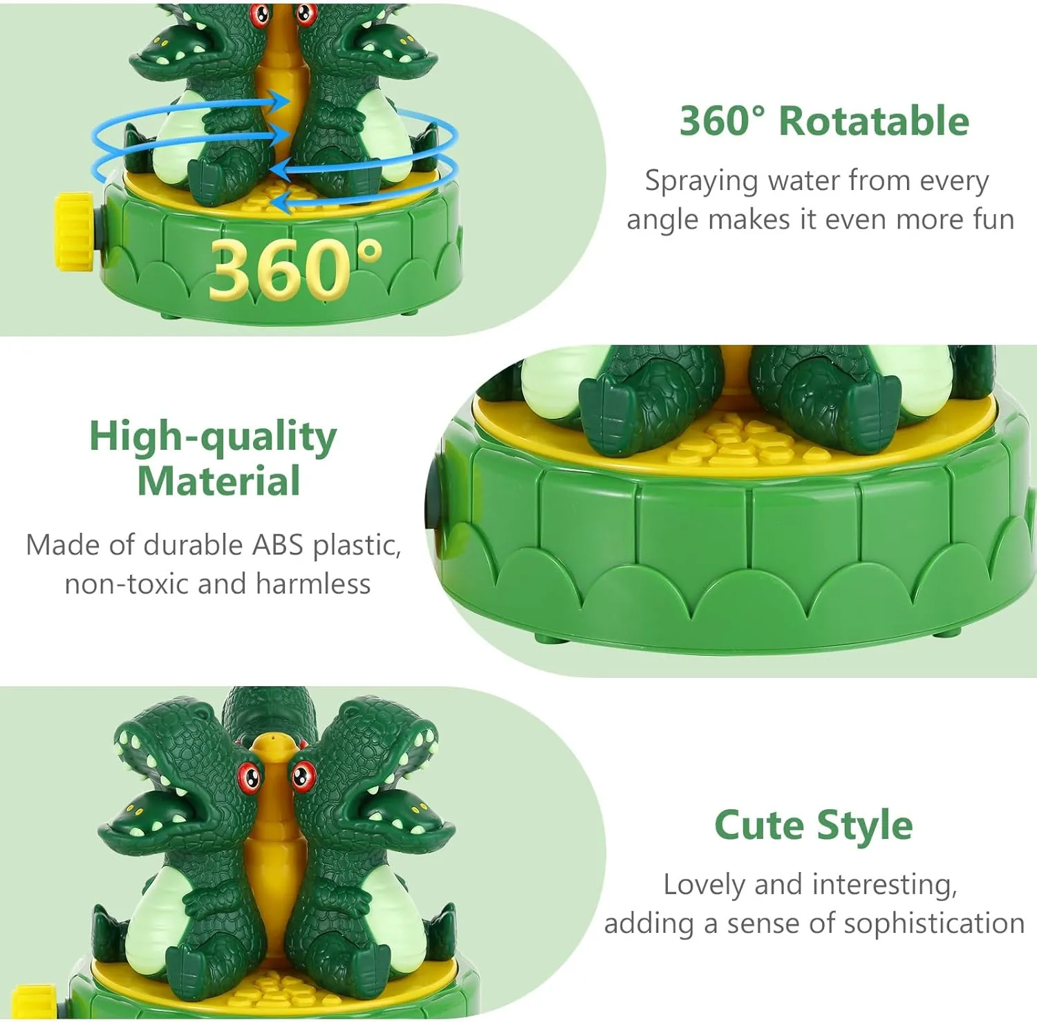 MoKo Dinosaur Sprinkler for Kids-Cute Outdoor Water Toy Spray Swimming Pool Toy with 2 Hose Clamps 3 Nozzles Fun Summer Play Water Toys for Backyard Lawn Garden Game Activities Pet Boys Girls, Green