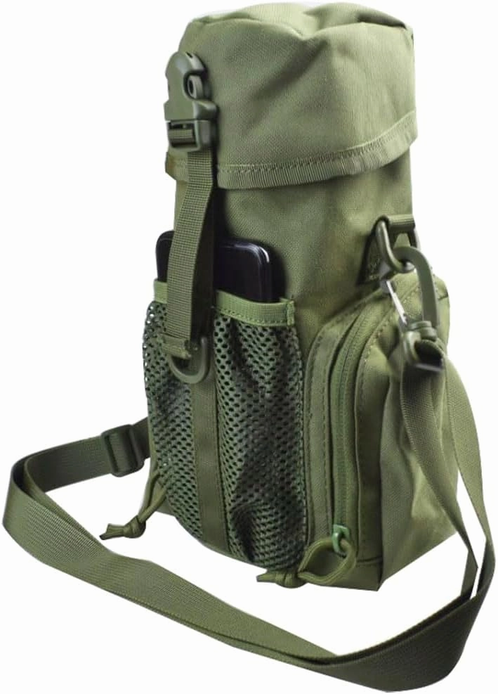 Molle Water Bottle Holder for 64 oz Bottles - Carry, Protect and Insulate Your Flask with Military Grade Carrier 2 Zipper Pockets and an Adjustable Shoulder Strap