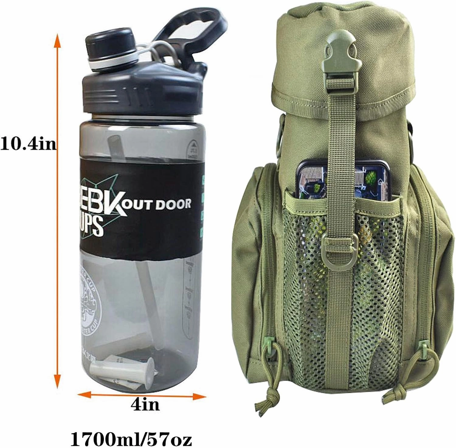 Molle Water Bottle Holder for 64 oz Bottles - Carry, Protect and Insulate Your Flask with Military Grade Carrier 2 Zipper Pockets and an Adjustable Shoulder Strap