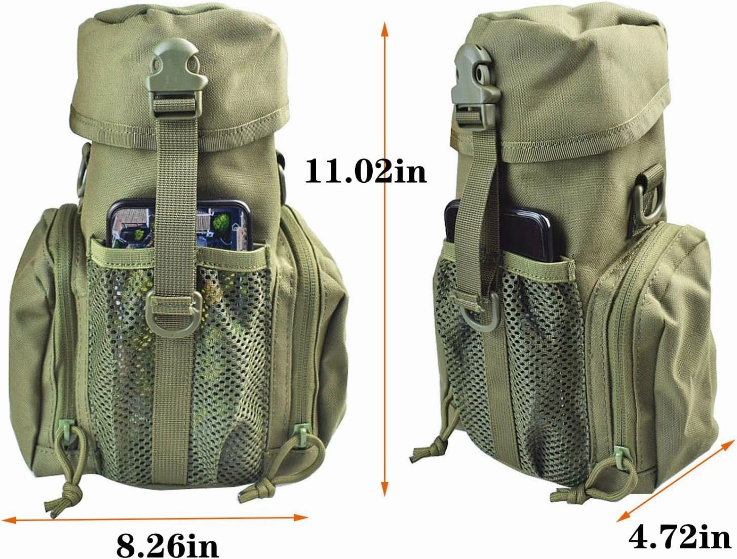 Molle Water Bottle Holder for 64 oz Bottles - Carry, Protect and Insulate Your Flask with Military Grade Carrier 2 Zipper Pockets and an Adjustable Shoulder Strap