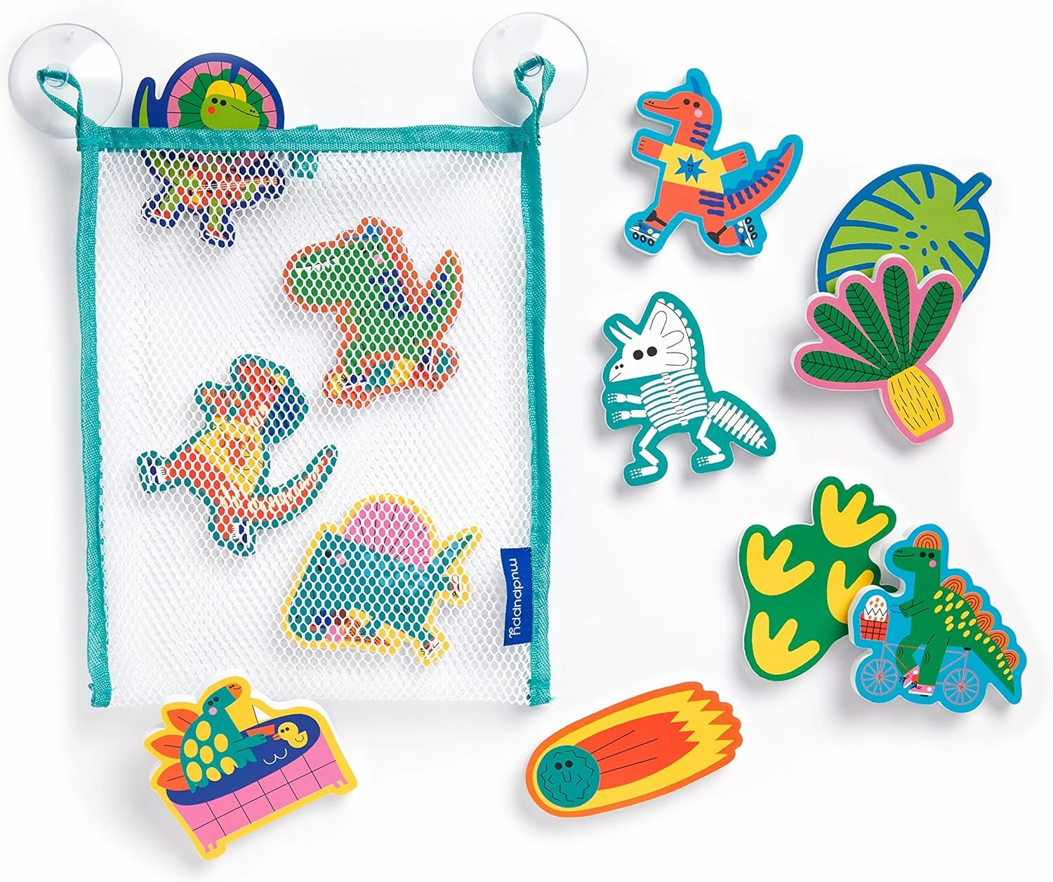 Mudpuppy Rub-a-Dub Dinos – 20 Stickable Dinosaur Themed Foam Shapes for Bath Time Entertainment with Mesh Storage Bag for Ages 2 and Up