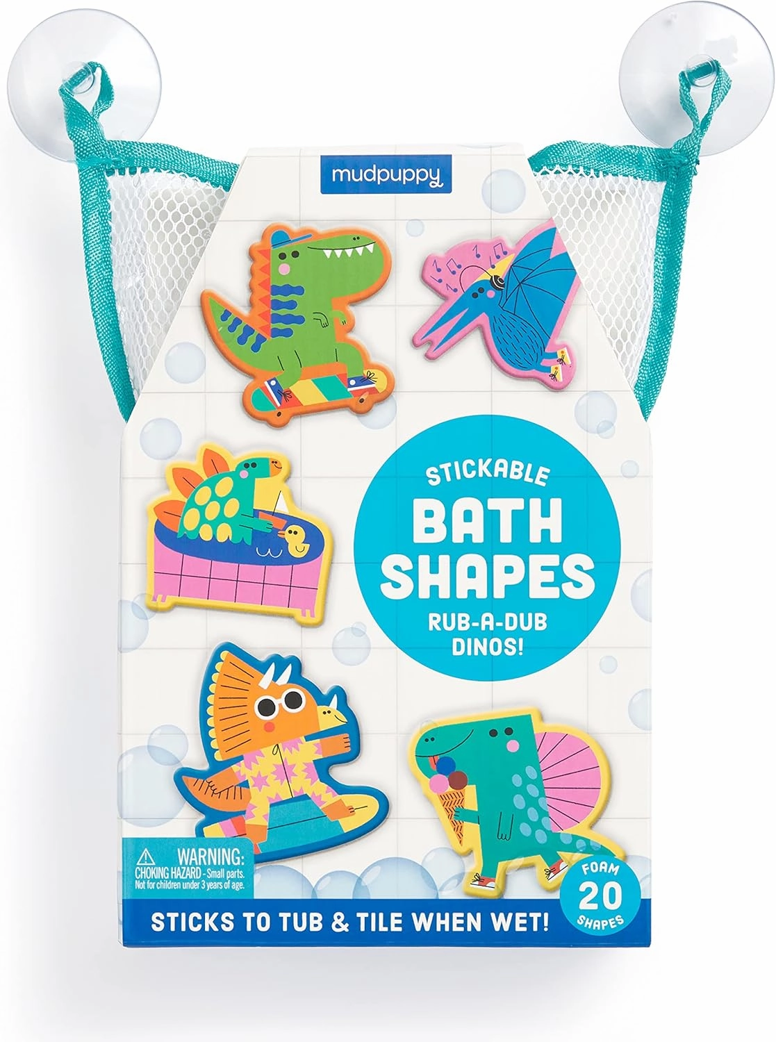 Mudpuppy Rub-a-Dub Dinos – 20 Stickable Dinosaur Themed Foam Shapes for Bath Time Entertainment with Mesh Storage Bag for Ages 2 and Up