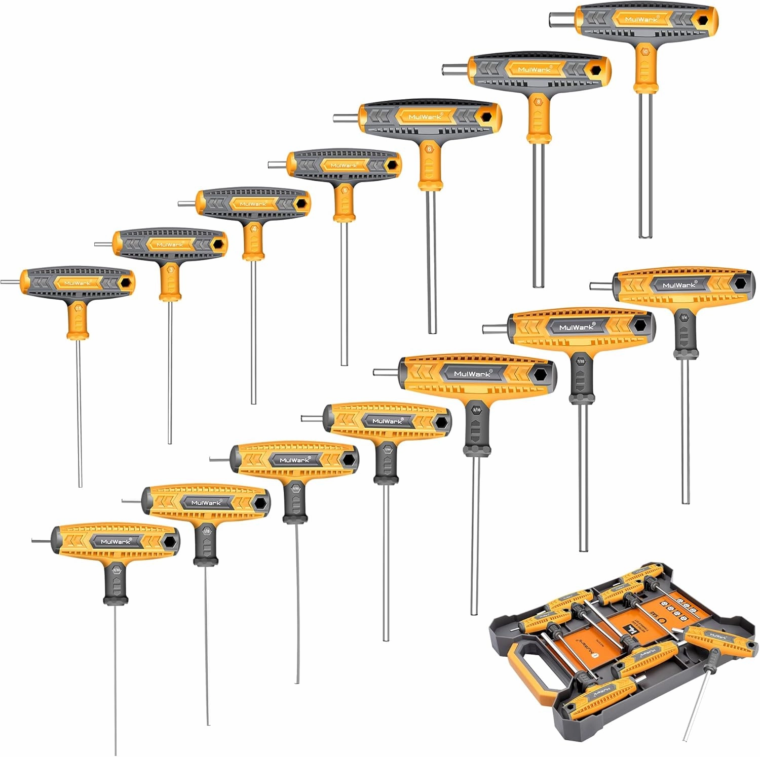 MULWARK 14 PC T-handle Allen Wrench Set Metric and Standard with T Handle Hex Key and Long Hex Driver Set |Christmas Gift|Wall-Mounted Storage Box, Clear Marking, Two-Tip Design, and Chamfered Tips