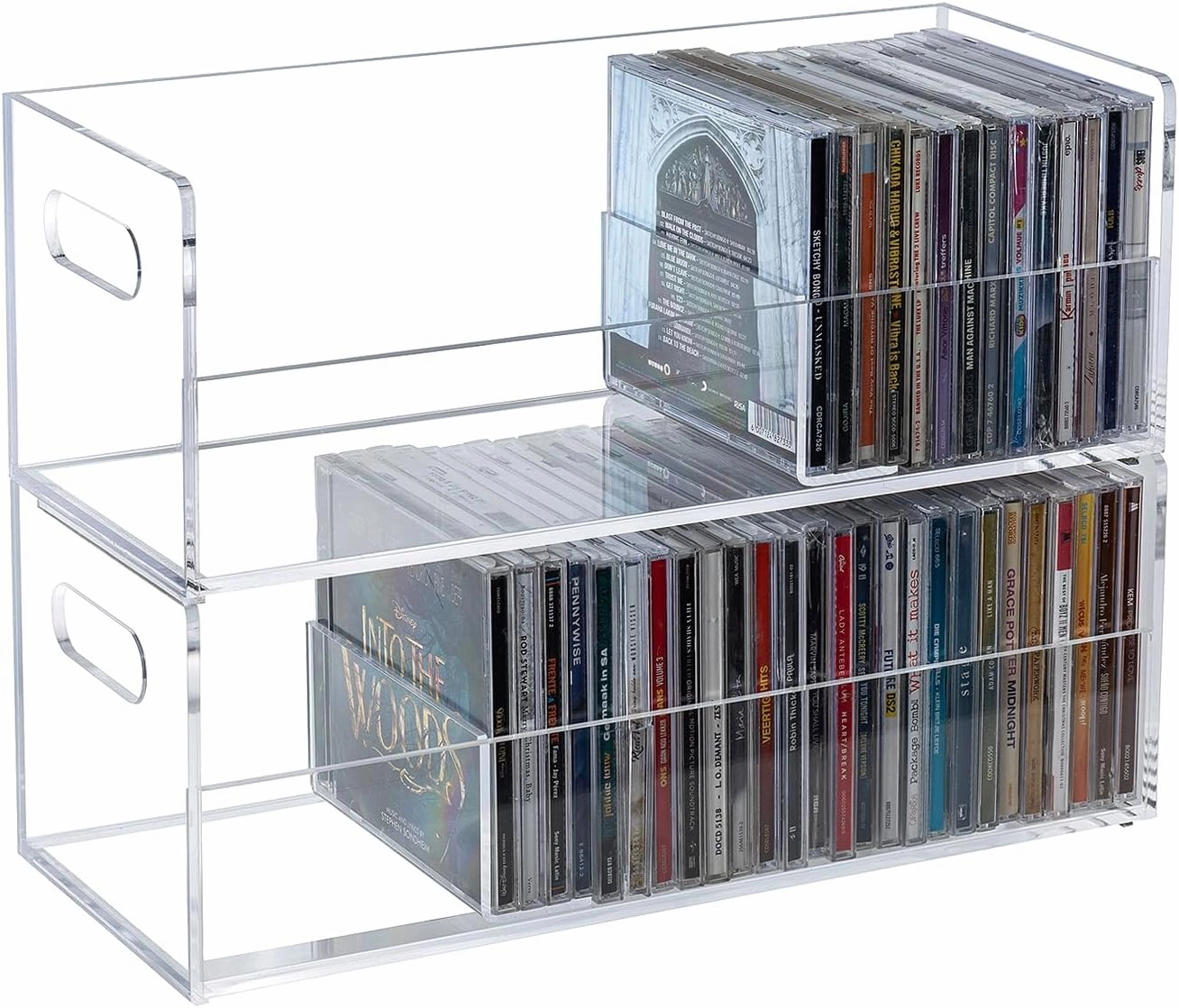 MyGift Modern Premium Clear Acrylic Stackable CD Holder Racks with Cutout Carrying Handles, Compact Disc Jewel Case Display Crates, Media Storage Organizers, Set of 2