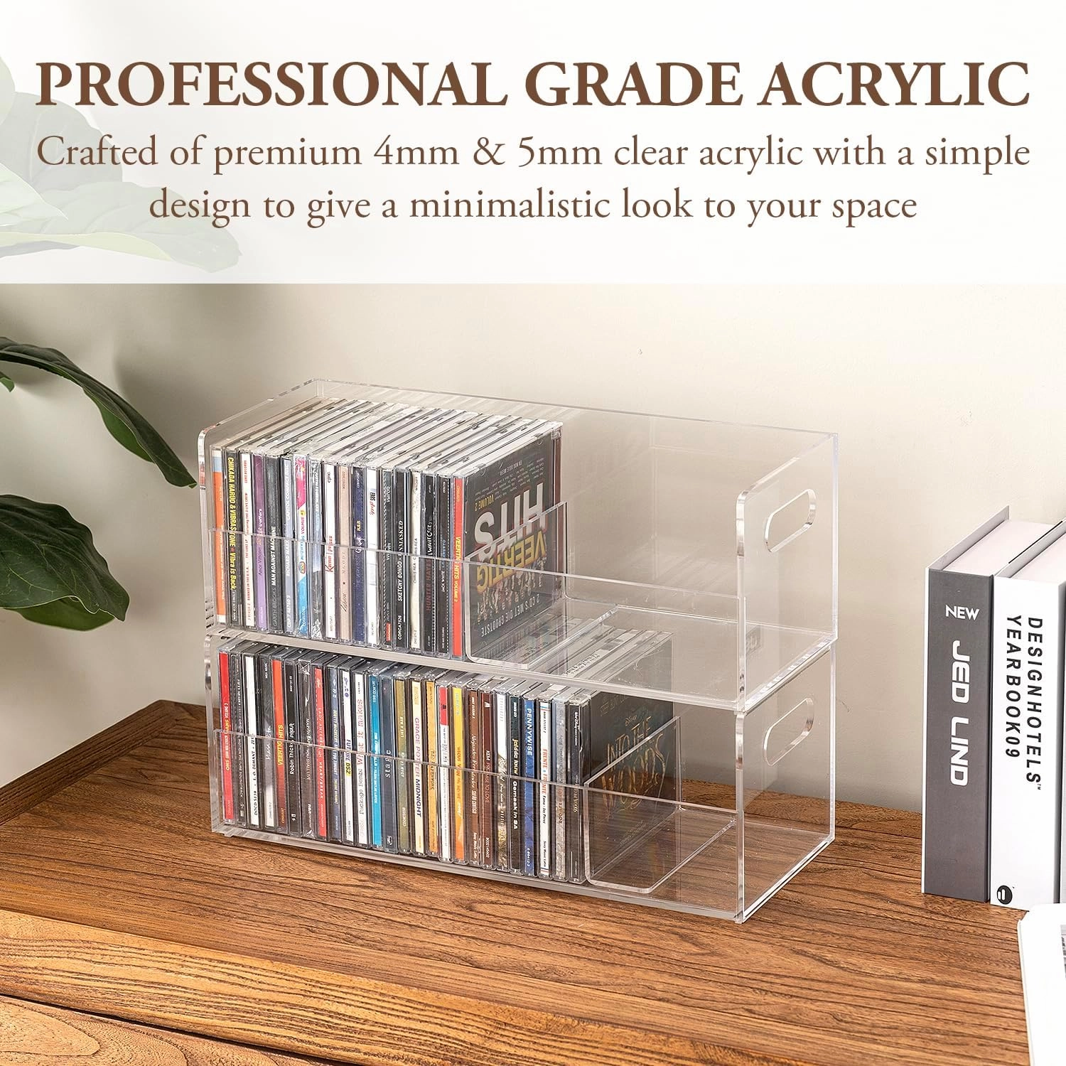 MyGift Modern Premium Clear Acrylic Stackable CD Holder Racks with Cutout Carrying Handles, Compact Disc Jewel Case Display Crates, Media Storage Organizers, Set of 2