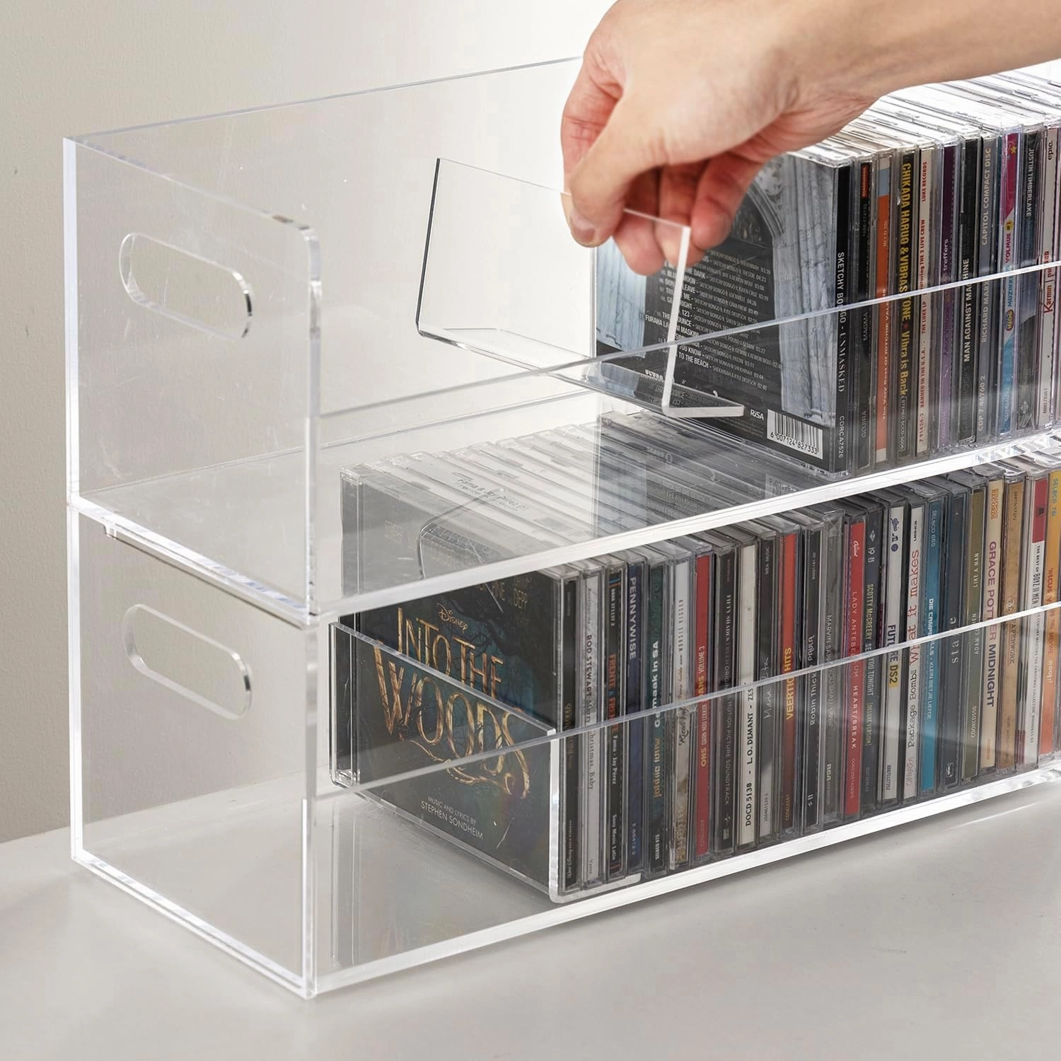 MyGift Modern Premium Clear Acrylic Stackable CD Holder Racks with Cutout Carrying Handles, Compact Disc Jewel Case Display Crates, Media Storage Organizers, Set of 2