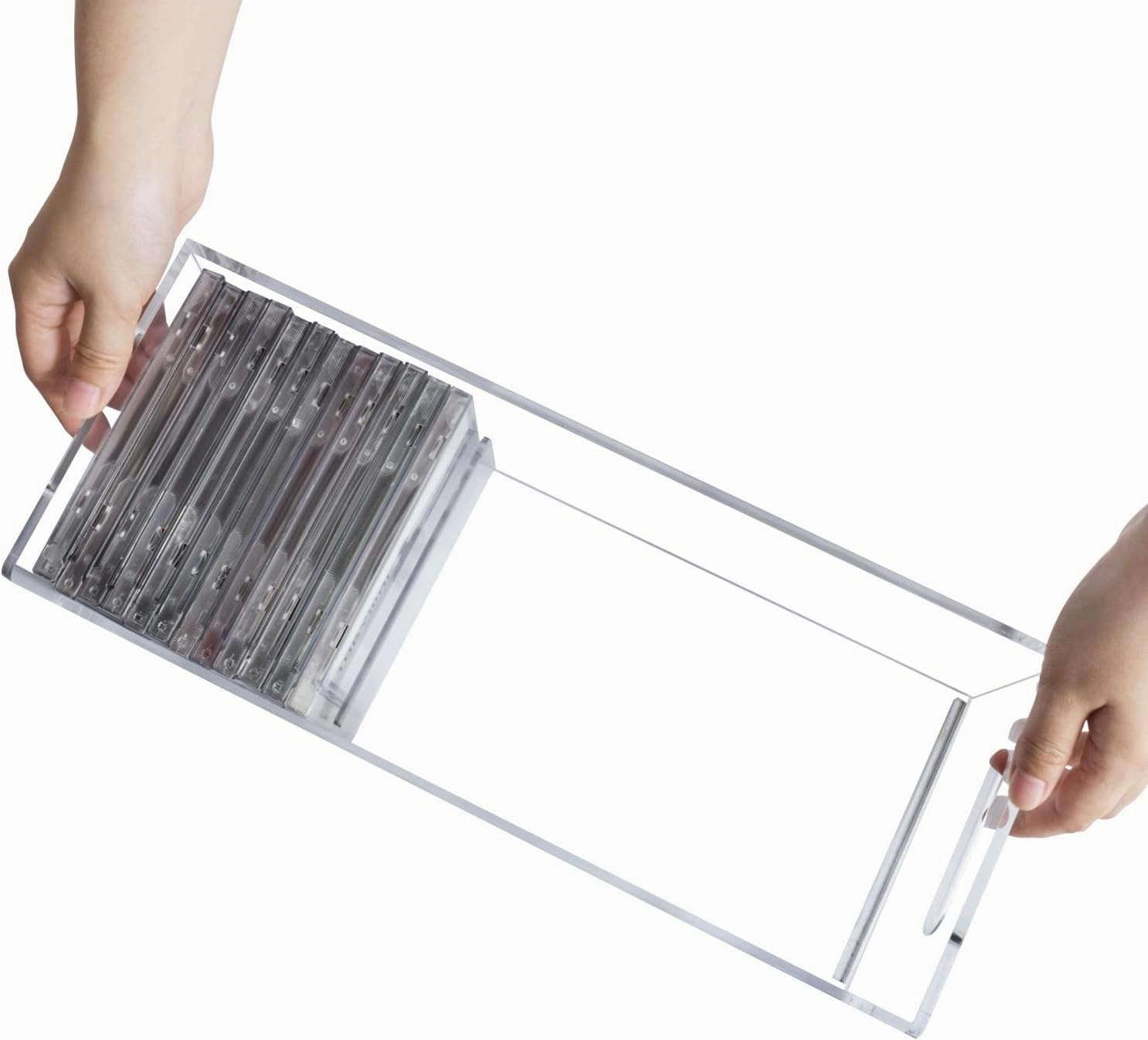 MyGift Modern Premium Clear Acrylic Stackable CD Holder Racks with Cutout Carrying Handles, Compact Disc Jewel Case Display Crates, Media Storage Organizers, Set of 2