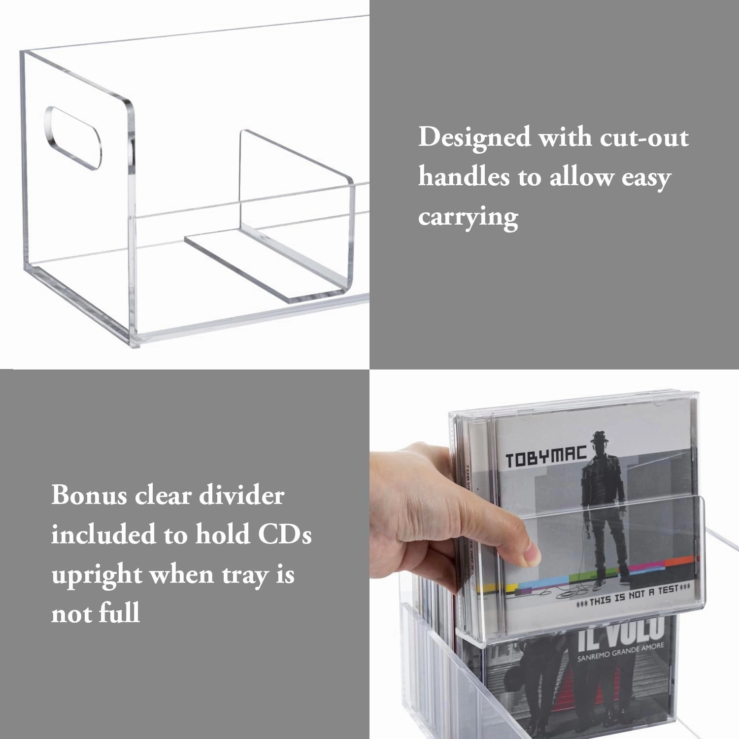 MyGift Modern Premium Clear Acrylic Stackable CD Holder Racks with Cutout Carrying Handles, Compact Disc Jewel Case Display Crates, Media Storage Organizers, Set of 2