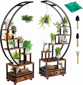 NALONE 2 PCs 7 Tier Tall Indoor Plant Stands with Hanging Loop & Lockable Wheels, 71” Half Moon Shaped Ladder Plant Shelf Holder, Multiple Metal Plant Stand Flower Pot Rack for Home Garden Balcony