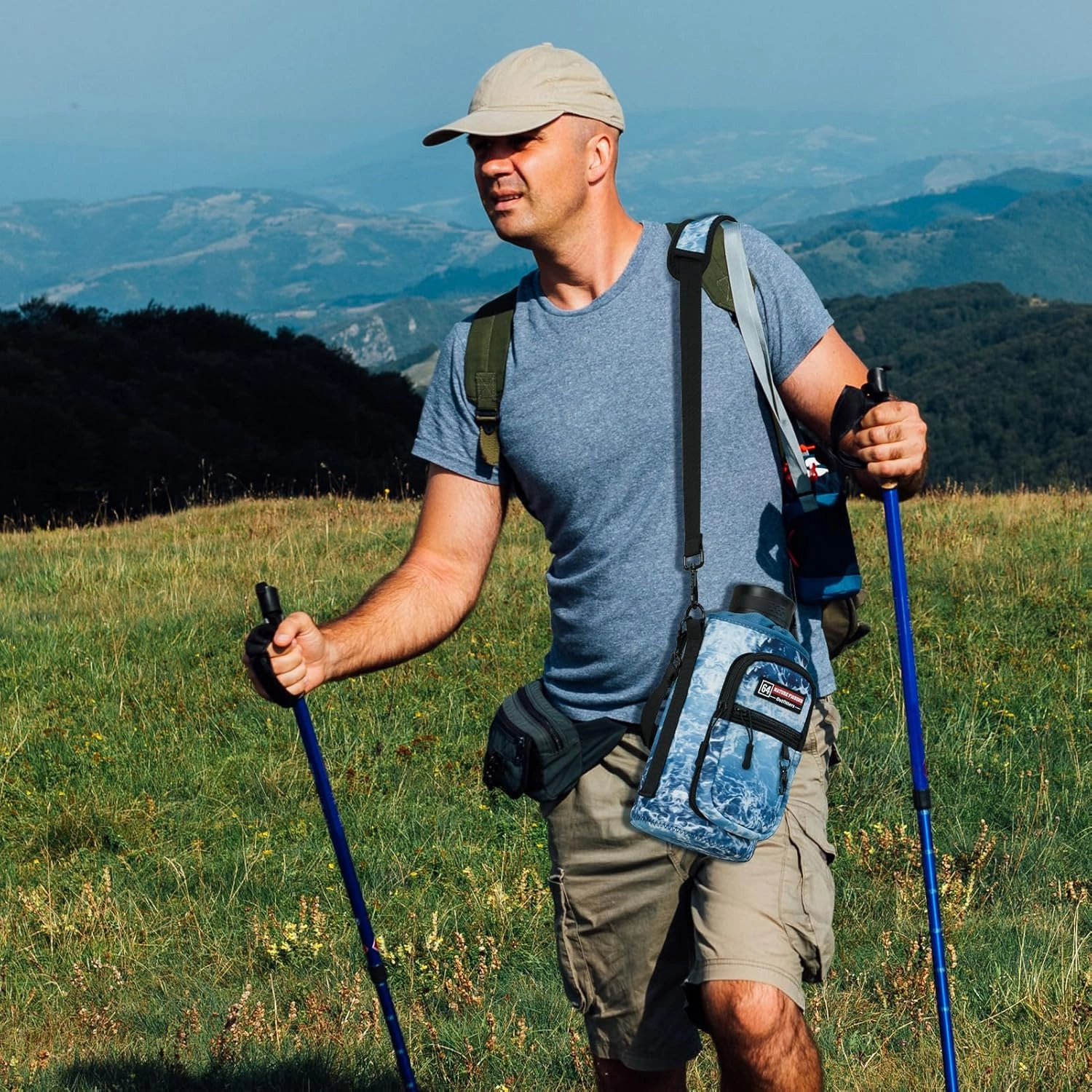 NATURE PIONEOR Water Bottle Holder with Strap,Water Bottle Carrier Bag Sling Sleeve with Adjustable Shoulder Strap & Handle and Large Phone Pocket for Walking,Hiking,Travelling for 25oz/32oz/40oz/64oz