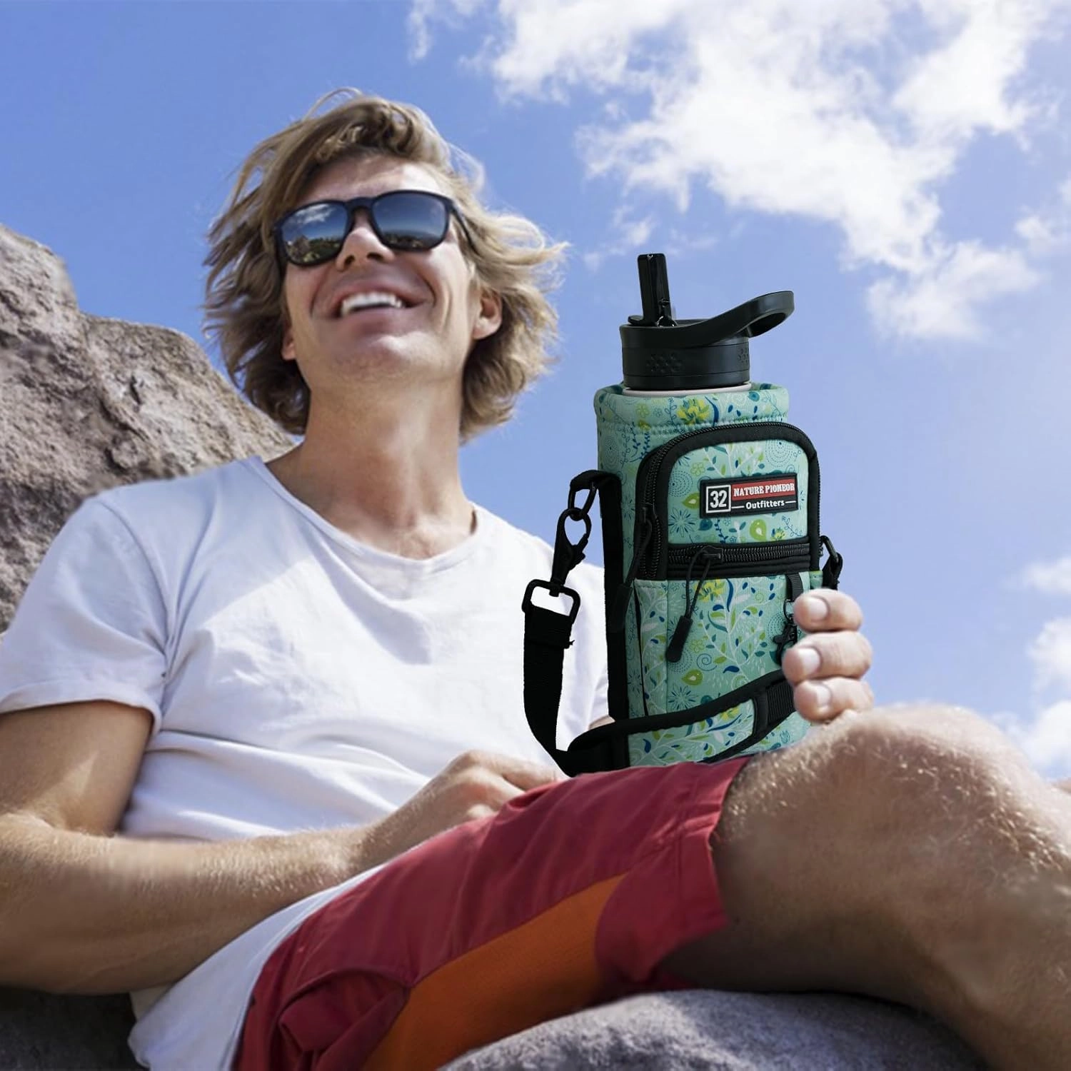 NATURE PIONEOR Water Bottle Holder with Strap,Water Bottle Carrier Bag Sling Sleeve with Adjustable Shoulder Strap & Handle and Large Phone Pocket for Walking,Hiking,Travelling for 25oz/32oz/40oz/64oz
