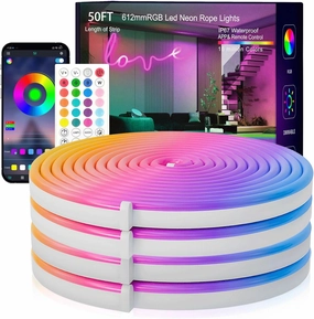 Neon Rope Lights, 50FT RGB Led Strip, Waterproof IP67, DIY Design, Music Sync, 44 Keys Remote Control, Multiple Modes, for Living Room, Bedroom, Holiday Decoration