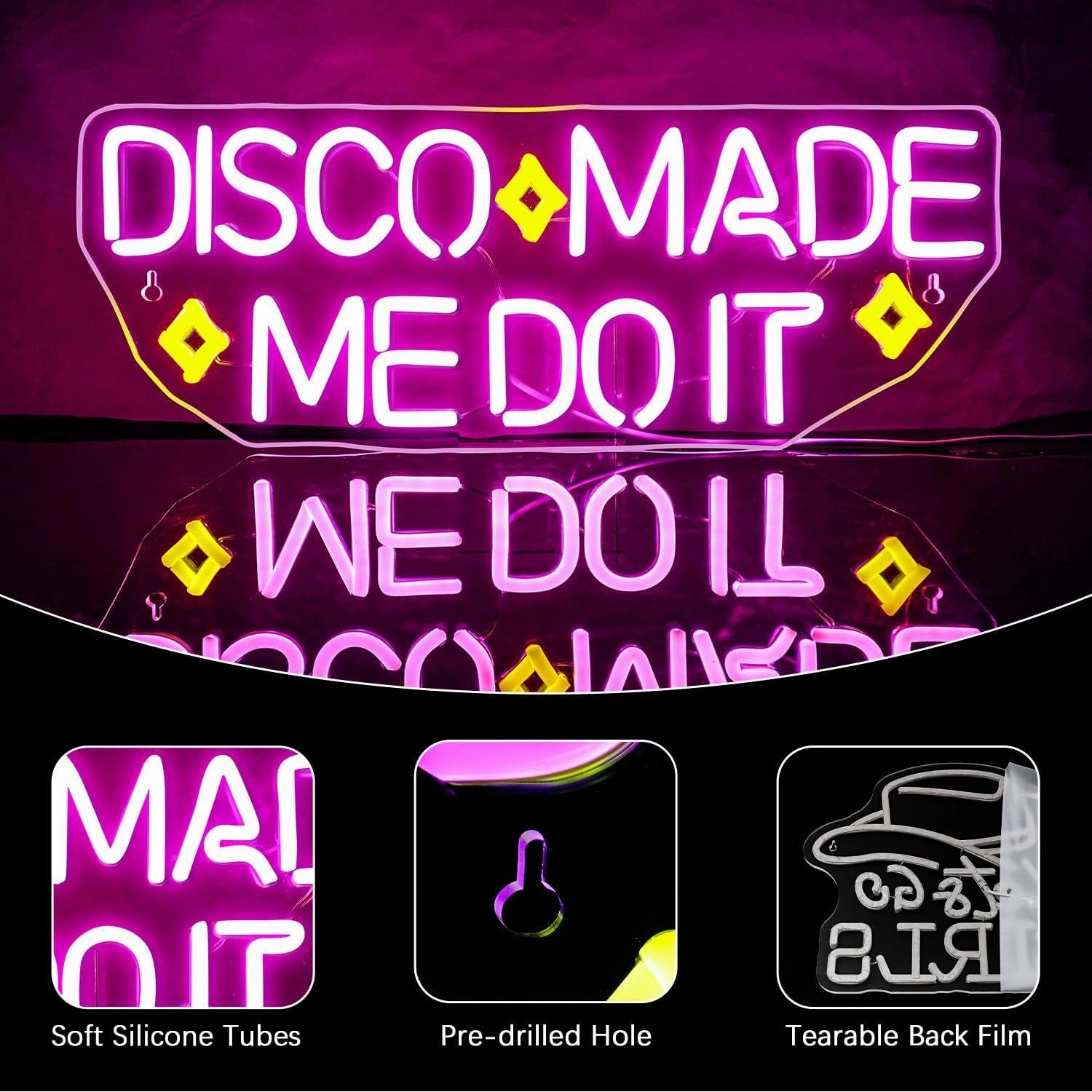 NEONLOVE Disco Made Me Do It Neon Sign - Pink Acrylic USB Disco Light Up Sign for Wall Decor, Bedroom, Bar, Party, Birthday