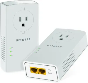 NETGEAR Powerline adapter Kit, 2000 Mbps Wall-plug, 2 Gigabit Ethernet Ports with Passthrough   Extra Outlet (PLP2000-100PAS), White