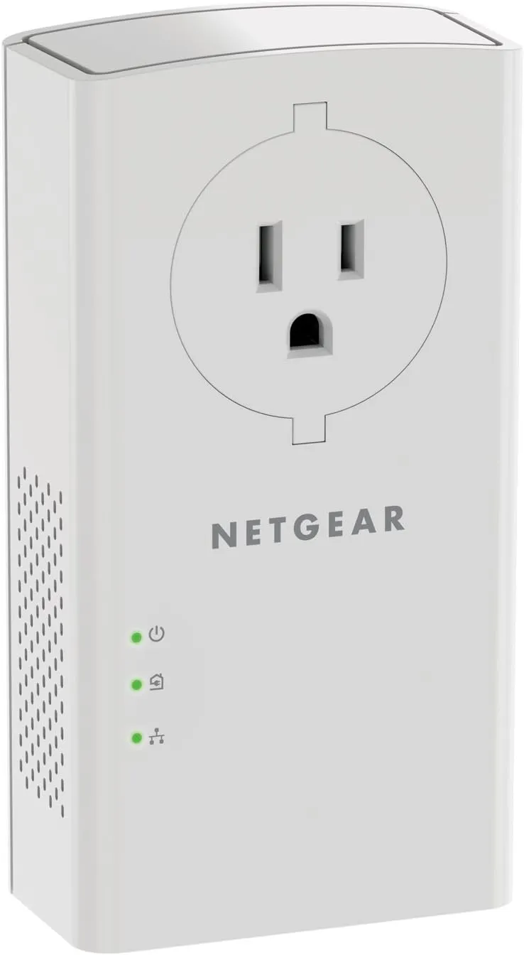 NETGEAR Powerline adapter Kit, 2000 Mbps Wall-plug, 2 Gigabit Ethernet Ports with Passthrough   Extra Outlet (PLP2000-100PAS), White