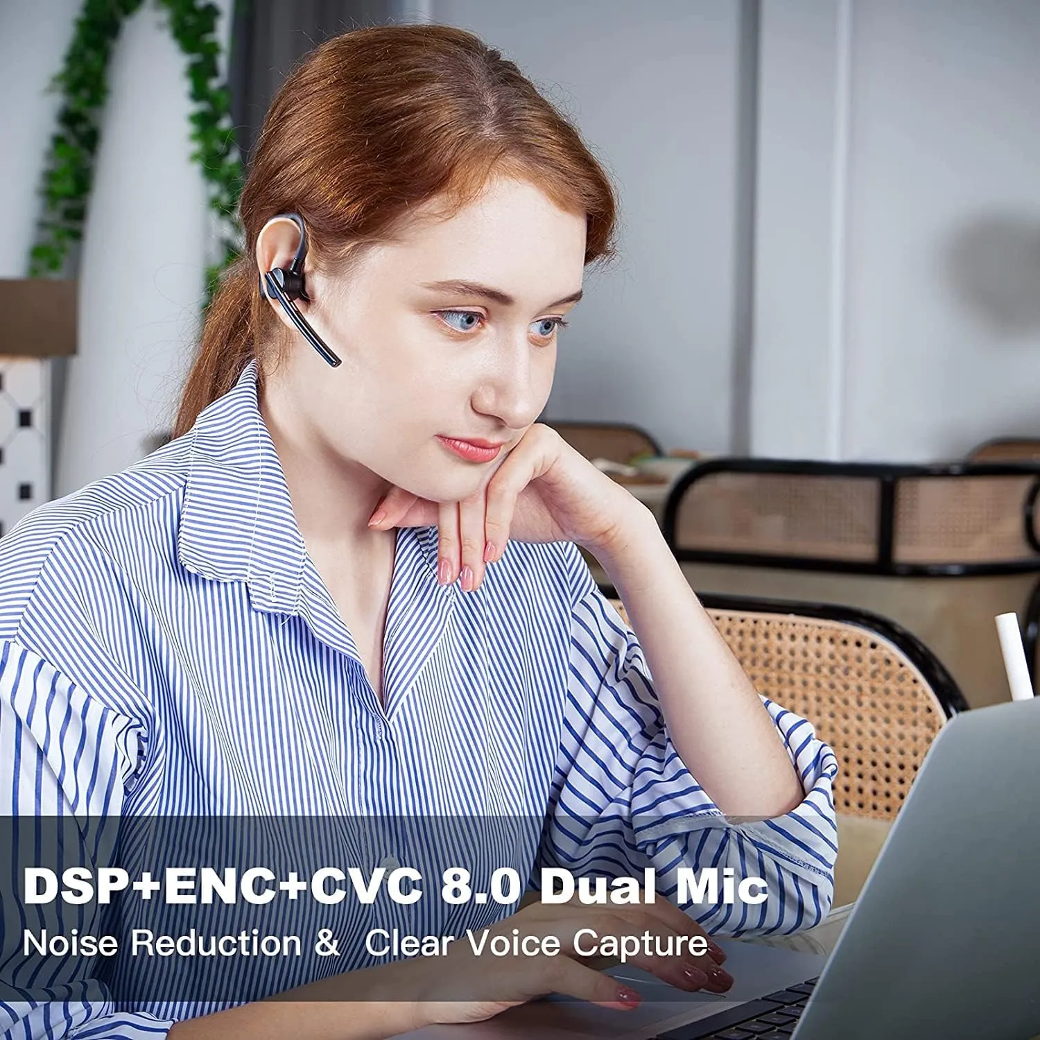 New bee Bluetooth Headset 24Hrs Talktime CVC8.0 Dual Mic Noise Cancelling Bluetooth Earpiece V5.2 Wireless Headset for Cell Phone/iPhone/Android/Driver/Business/Office(Blue)