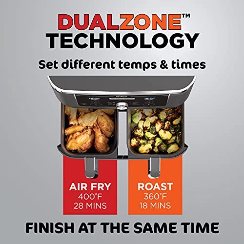 Ninja Foodi 6-in-1 8-qt. (7.6L) 2-Basket Air Fryer DualZone Technology, Match Cook & Smart Finish to Roast, Broil, Dehydrate & More for Quick, Easy Meals, Slate Grey (DZ201C) Canadian Version