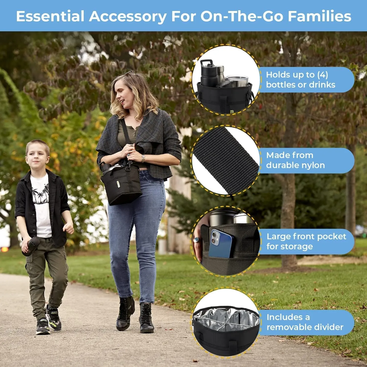 NoNa & Bee 4 Water Bottle Holder with Strap | Family Size 4 Compartment Drink Bag, Multiple Tumbler Carrier Caddy | Adjustable Fits Large & Small Drinks | Hands Free, Won't Tip Over in Car