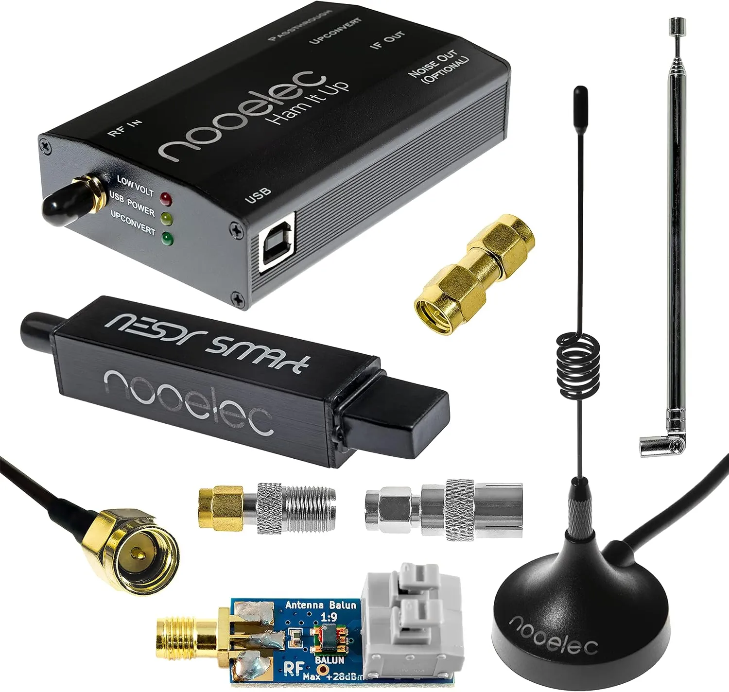 Nooelec NESDR Smart v5 HF Bundle: 100kHz-1.7GHz Software Defined Radio Set for HF/UHF/VHF Including a NESDR Smart v5 R860/RTL2832U RTL-SDR, Assembled Ham It Up Upconverter, 9:1 Balun, and Adapters