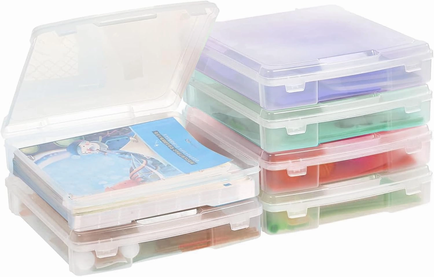 novelinks 12" x 12" Plastic Scrapbook Storage Cases,Portable Paper Organizer with Built-in Handle,Clear Craft Organizers Box,Stackable Storage Containers for Documents,Sewing,Art Supplies,6 Pack