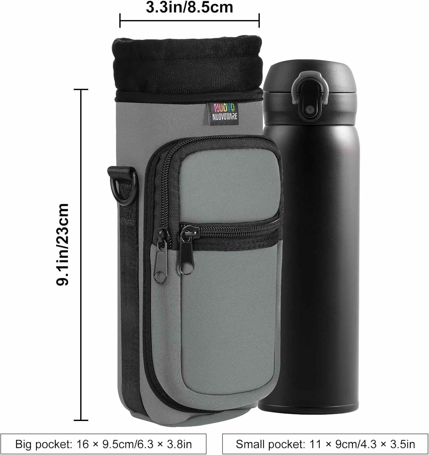 Nuovoware Water Bottle Carrier Bag,25oz/40oz/64oz Bottle Pouch Holder,Adjustable Shoulder Hand Strap 2 Pocket Sling Neoprene Sleeve Sports Accessories for Hiking Travelling Camping