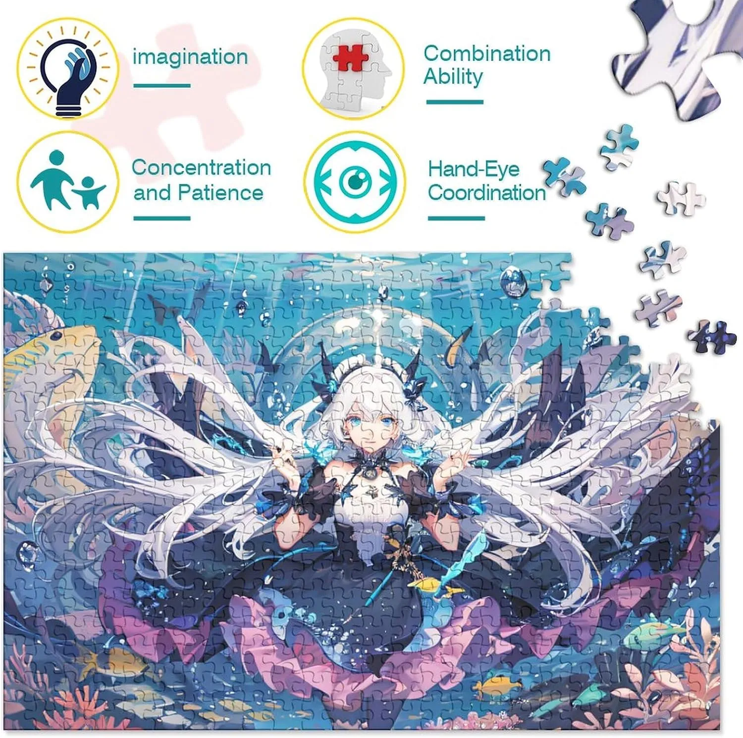 Ocean Girl 1000 Piece Fish and Girls Jigsaw Puzzles for Adults Fun Home Decoration Education Game Toy Intellectual Game Stress Relief Toy Premium & Durable 1000pcs (75x50cm)