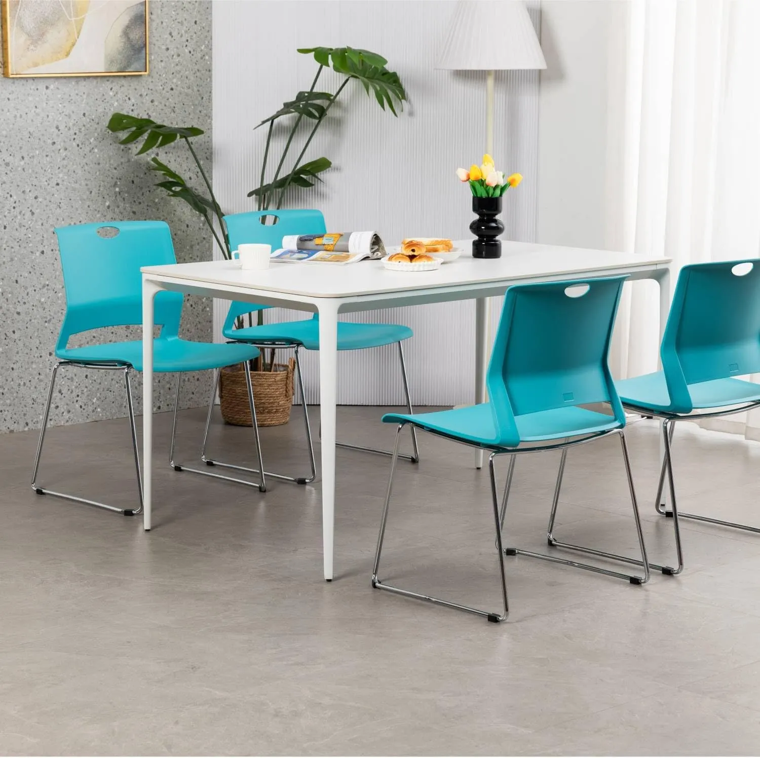 Office Guest Chairs Set of 4, Sled Base Office Stack Chair, Modern Plastic Chairs for Conference, Reception,Classroom and Library,Blue.