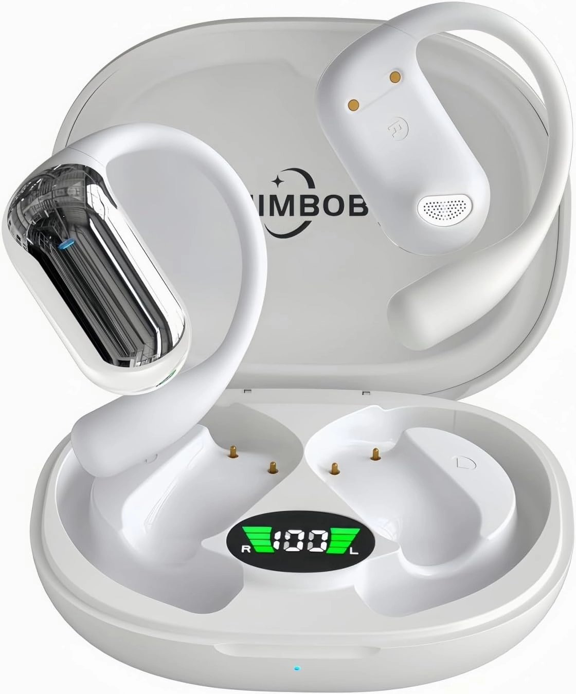 Open Ear Headphone Bluetooth 5.4 Wireless Earphone Air Conduction Earbuds with Earhook Mic 50H Playtime LED Display Charging Case Comfort Sport Headset for Running, Fitness, Yoga, Work (White)