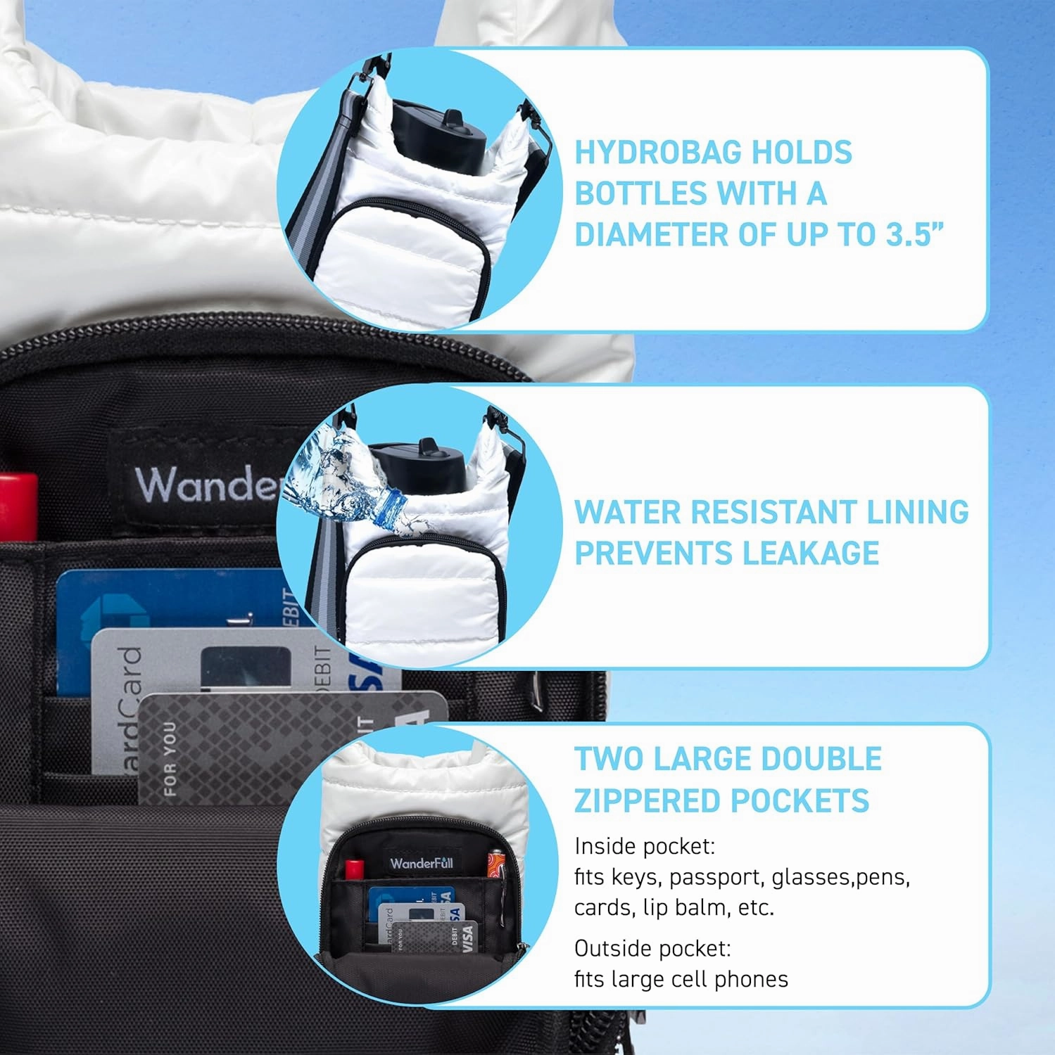 Original HydroBag | Quilted Water Bottle Holder with Strap | Tote Bottle Carrier Crossbody Bag with Pockets