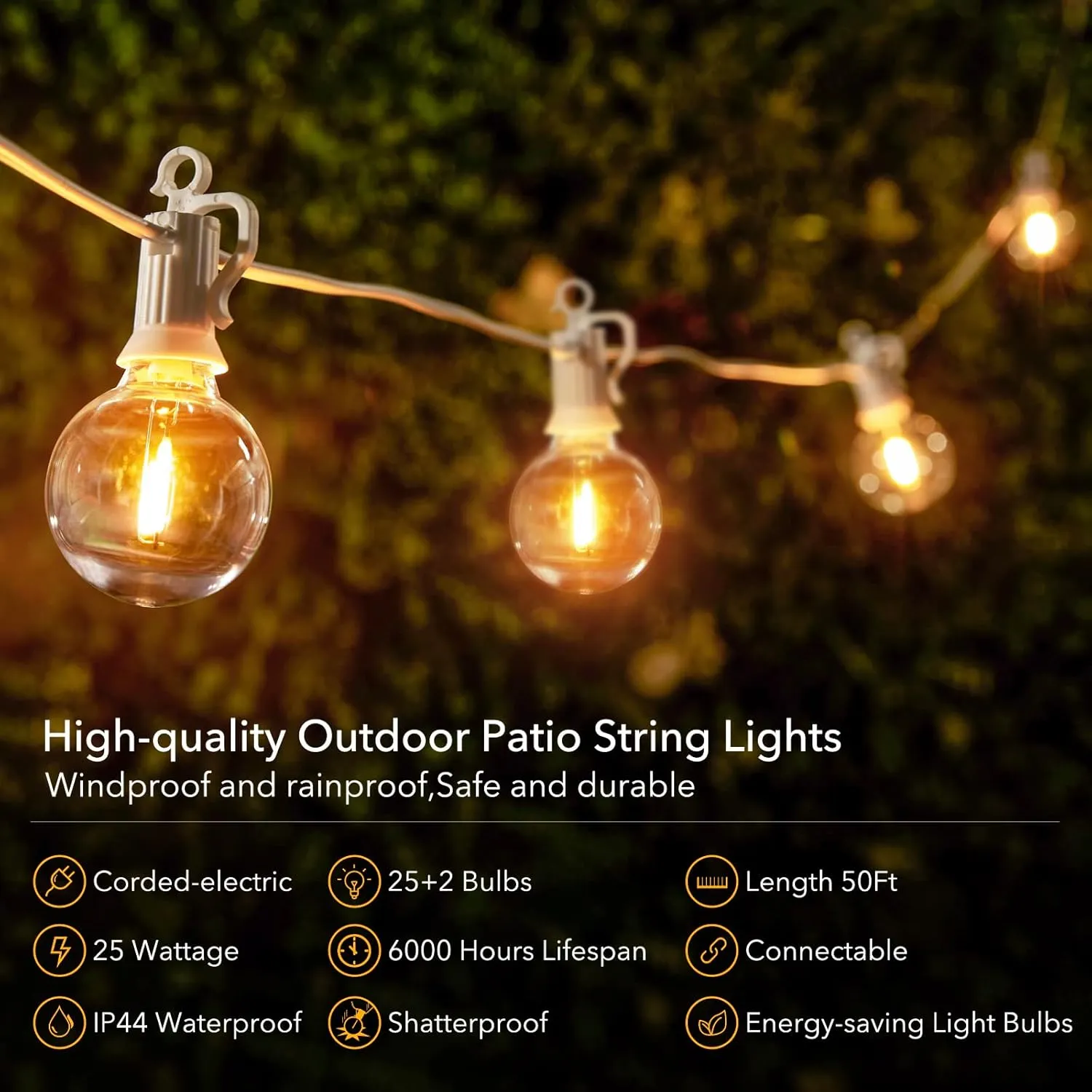 Outdoor String Lights - 50 Ft Waterproof Connectable Commercial LED Patio Lights with 25 G40 Globe Bulbs, All Weatherproof Hanging Globe Lights for Outside Backyard Porch Party Decoration