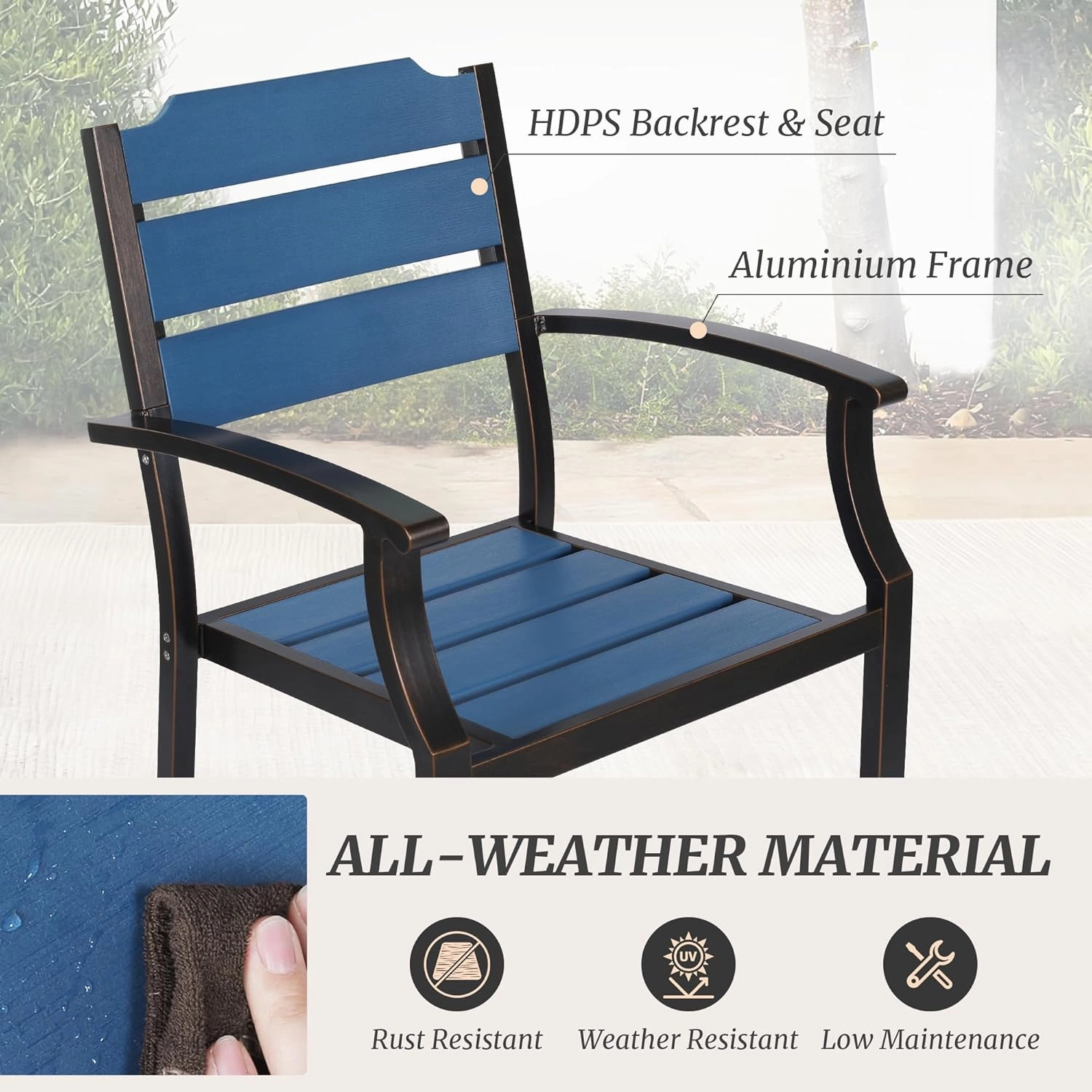 Outdoor Dining Chairs, Patio Dining Chairs, HDPS All-Weather Material Outdoor Chairs, Patio Chairs Set of 4 for Patio, Lawn, Garden, Indoor and Backyard, Dark Blue