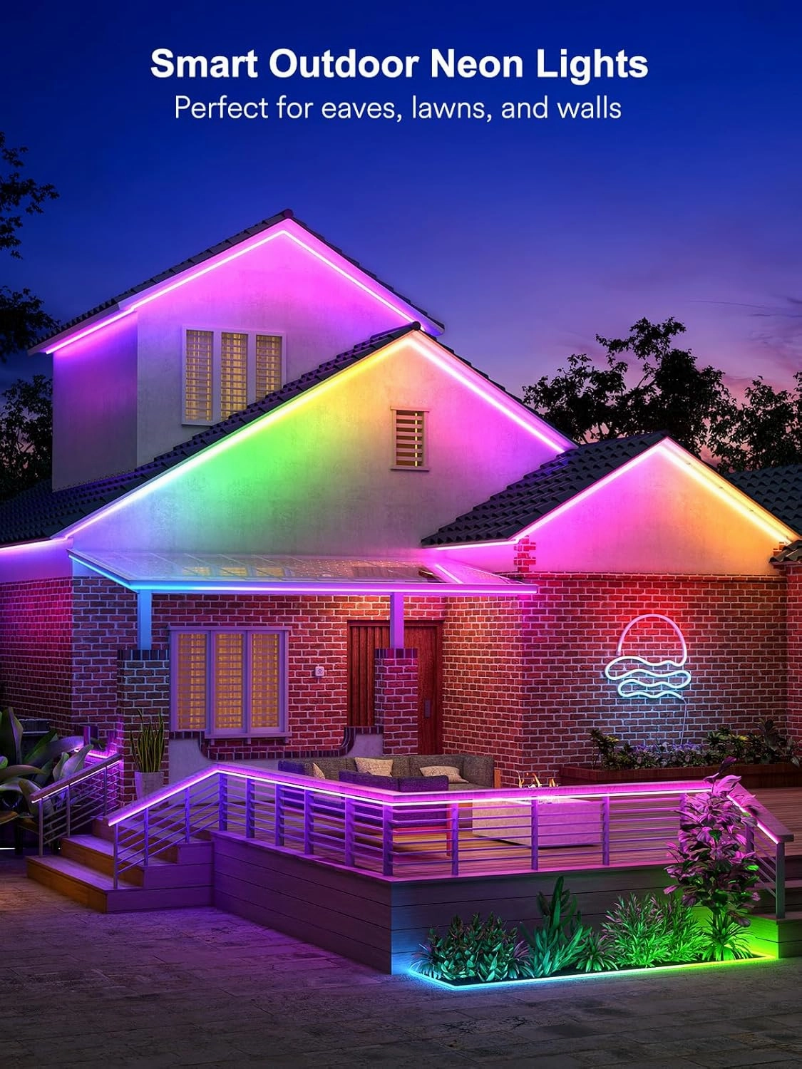Outdoor Neon Rope Lights, 32.8ft Smart Neon Lights IP65 Waterproof with DIY Scene Modes, Music Sync, Flexible LED Neon Lights, Custom DIY Neon Strip Lights Work with Alexa Google Assistant
