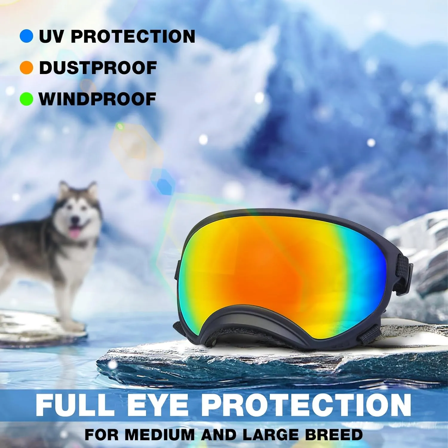 Pacify Dog Goggles for Large Dogs, UV Protection Dog Sunglasses with Adjustable Strap for Medium Large Dog Pet Glasses